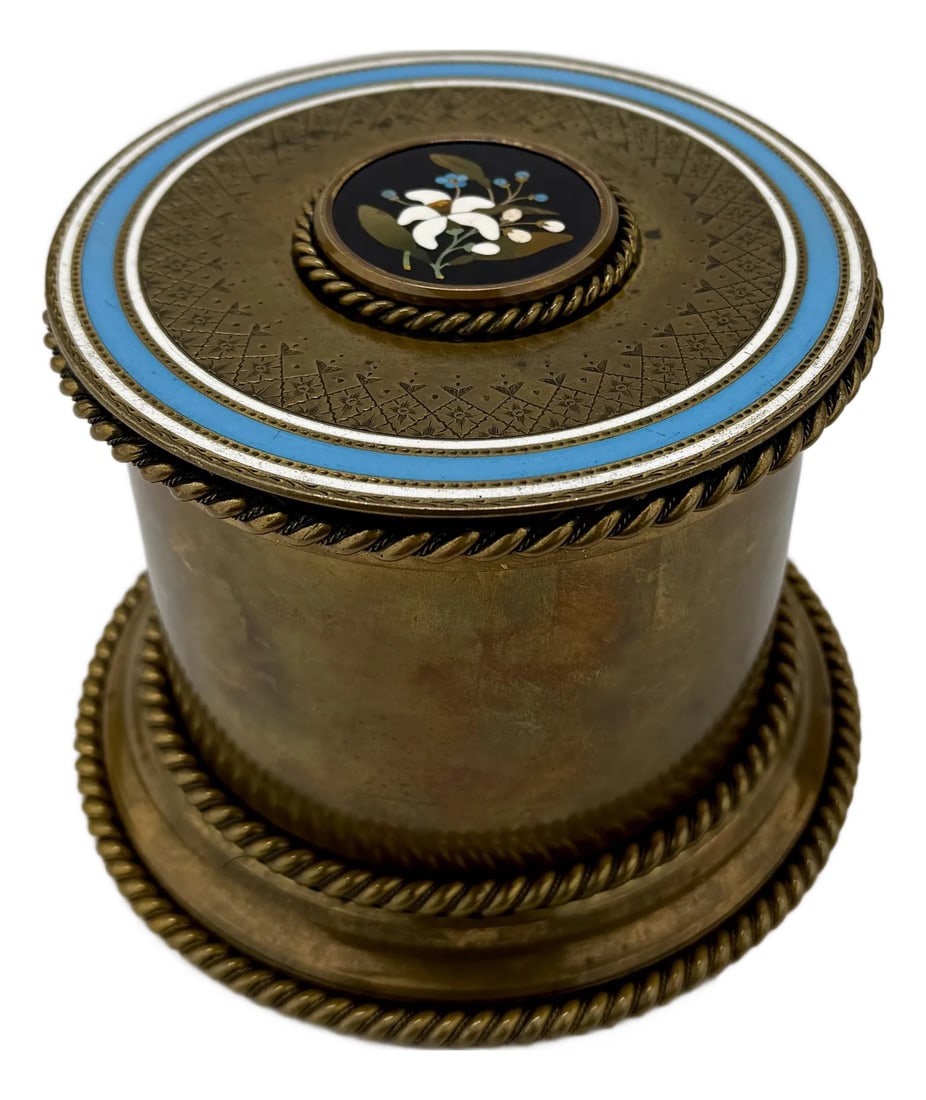 Grand Tour Bronze, Two-Tone Enamel & Pietra Dura Dressing Box or Humidor C. 1880: This exceptional Grand Tour dressing box or humidor, crafted in France circa 1880, epitomizes the luxurious design and meticulous craftsmanship of the late 19th century. Constructed from bronze, the
