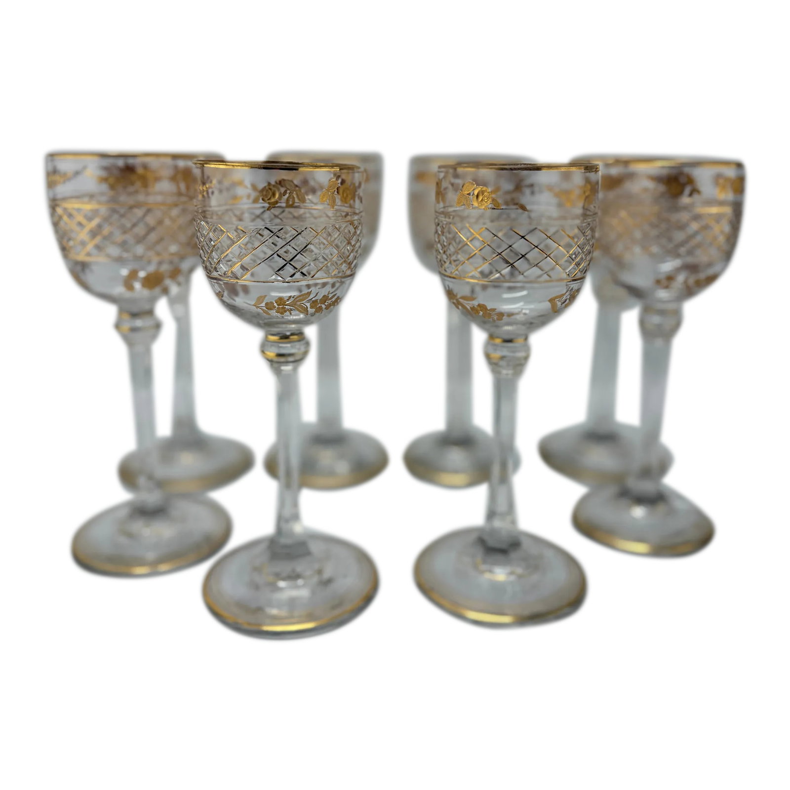 Set of 8, French Foliate Gilt Crystal Wine Goblets Style of Val St. Lambert (1 of 8)