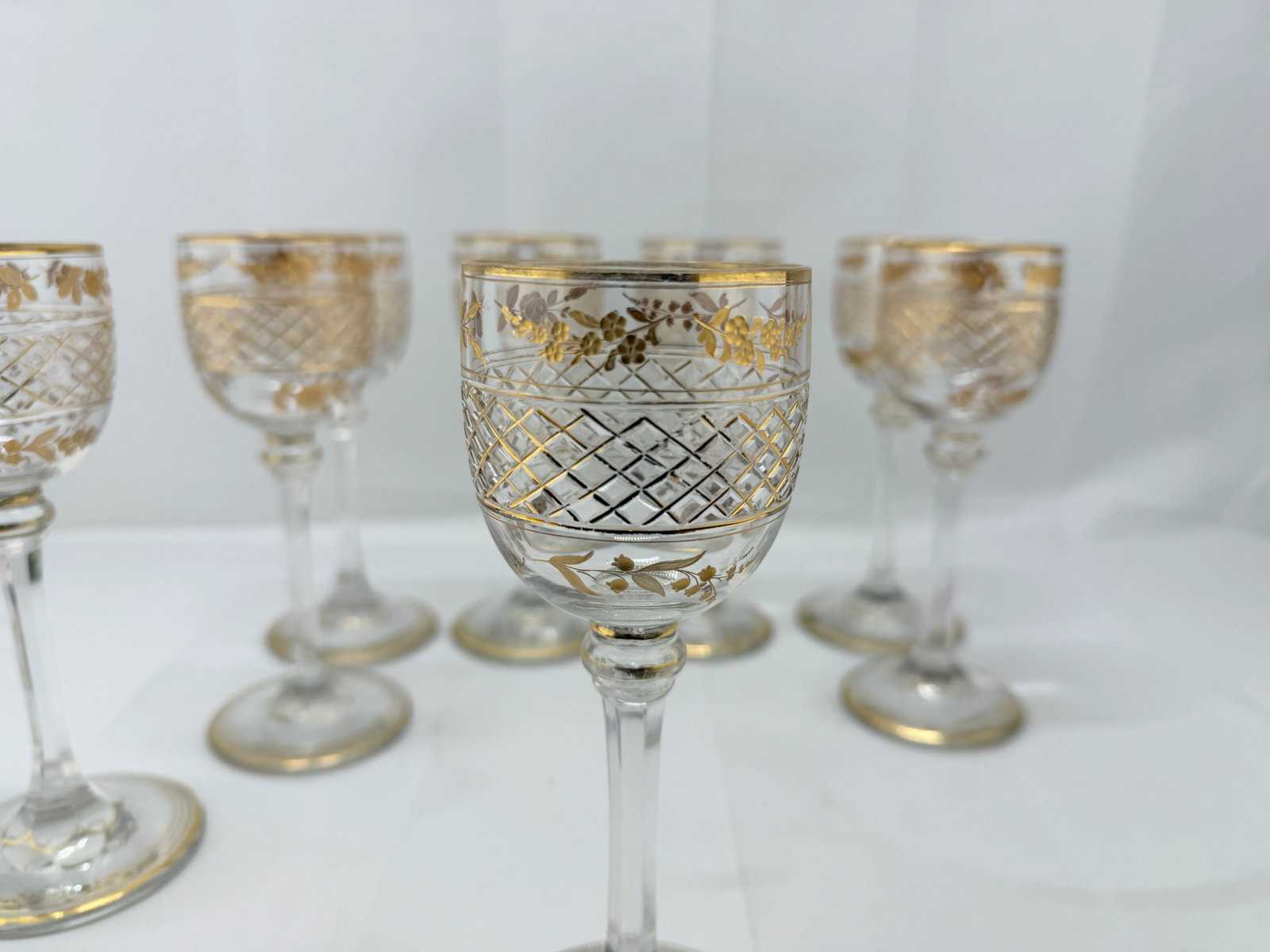Set of 8, French Foliate Gilt Crystal Wine Goblets Style of Val St. Lambert - 2