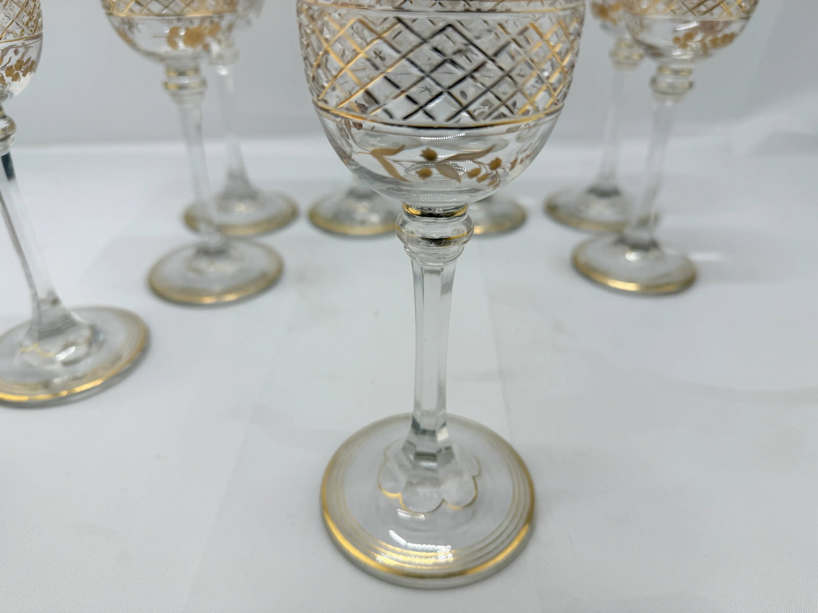 Set of 8, French Foliate Gilt Crystal Wine Goblets Style of Val St. Lambert - 4