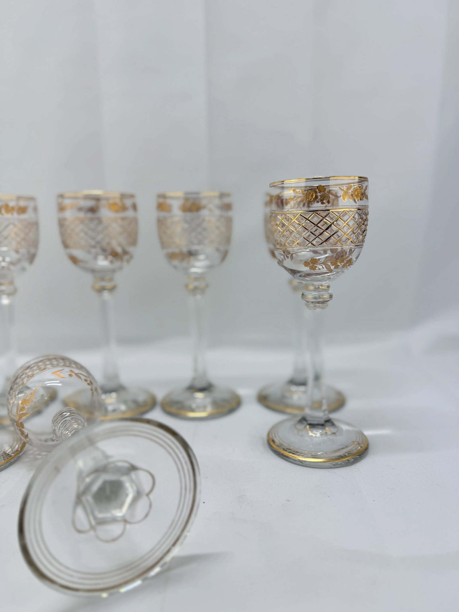Set of 8, French Foliate Gilt Crystal Wine Goblets Style of Val St. Lambert - 6