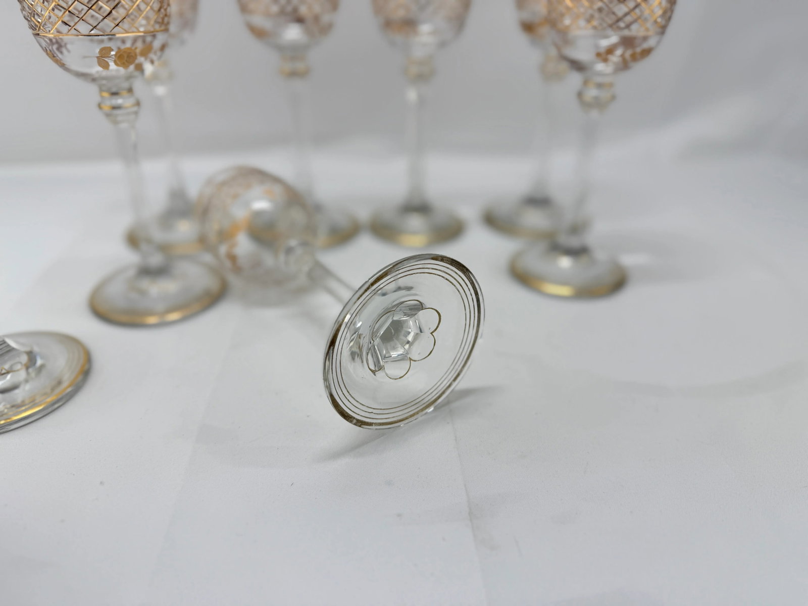 Set of 8, French Foliate Gilt Crystal Wine Goblets Style of Val St. Lambert - 8