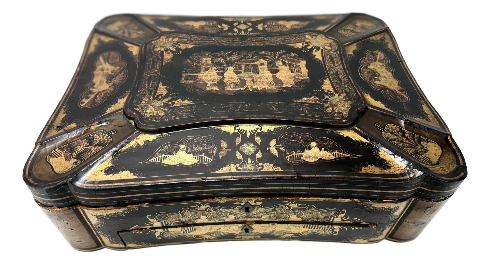 Large Chinese Export Black Lacquer & Gilt Decorated Sewing Box C. 1860: This exceptional mid-19th century Chinese Export sewing box is a stunning example of intricate craftsmanship and artistry. The large rectangular box is crafted from wood, finished in black lacquer, an