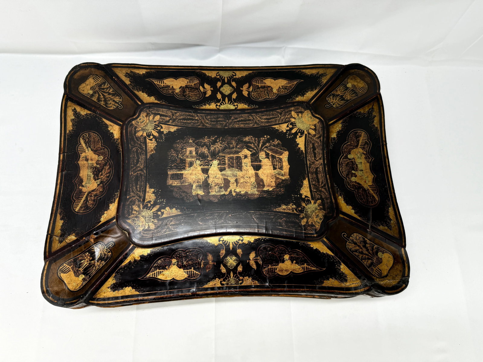 Large Chinese Export Black Lacquer & Gilt Decorated Sewing Box C. 1860 - 2