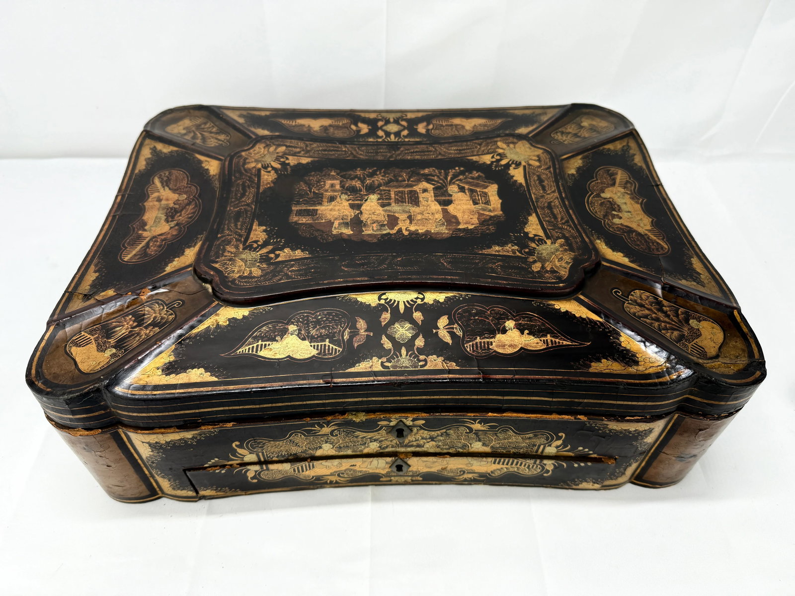 Large Chinese Export Black Lacquer & Gilt Decorated Sewing Box C. 1860 - 3