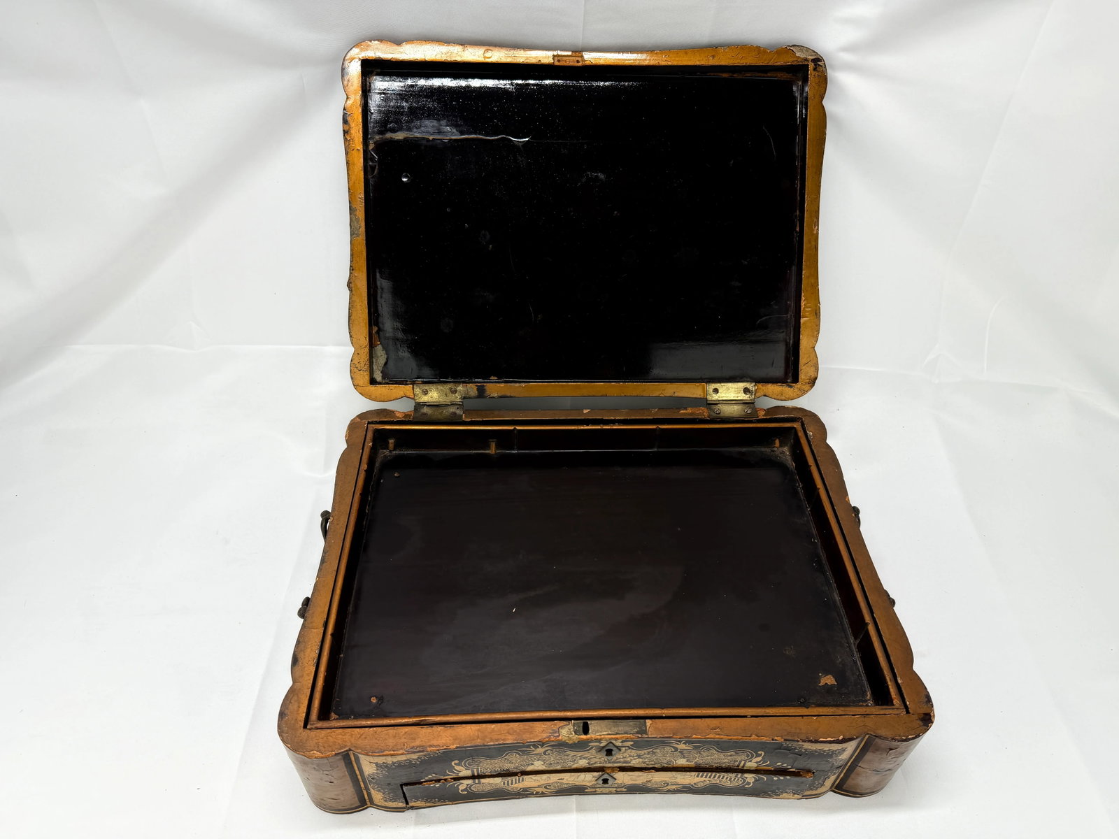 Large Chinese Export Black Lacquer & Gilt Decorated Sewing Box C. 1860 - 4