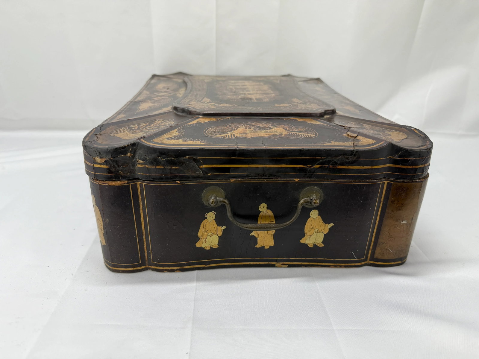 Large Chinese Export Black Lacquer & Gilt Decorated Sewing Box C. 1860 - 7