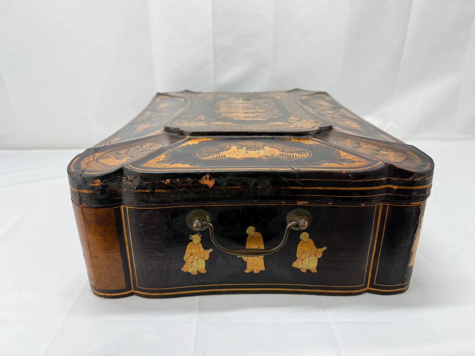 Large Chinese Export Black Lacquer & Gilt Decorated Sewing Box C. 1860 - 8