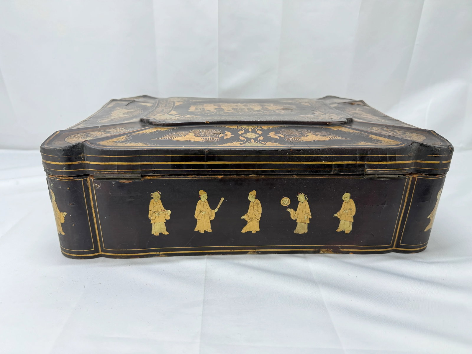 Large Chinese Export Black Lacquer & Gilt Decorated Sewing Box C. 1860 - 9