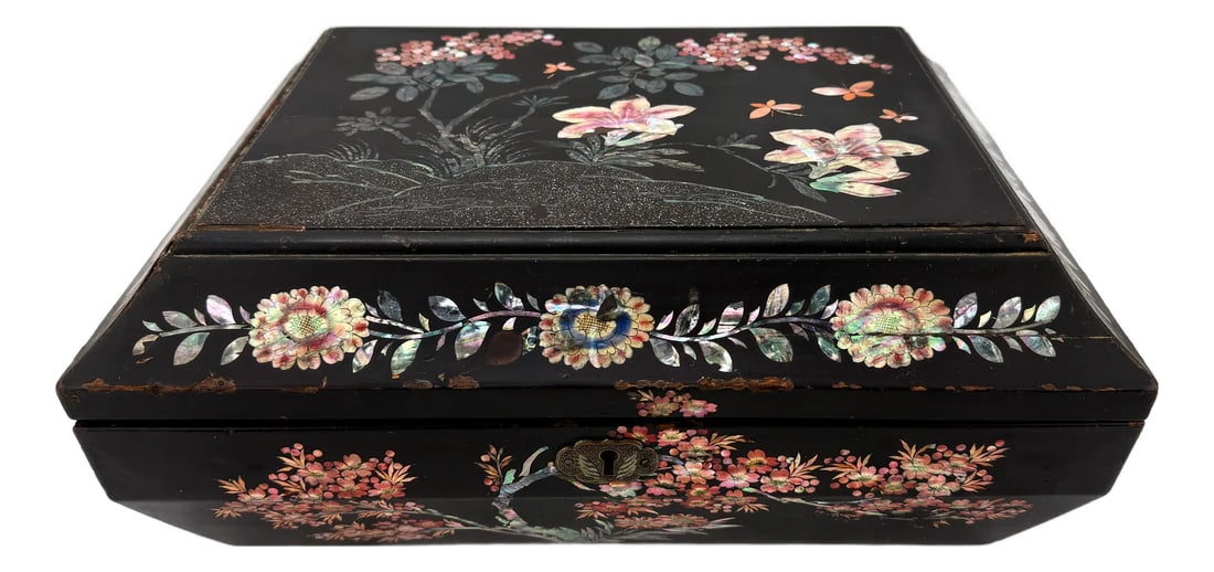 19th Century Chinese Export Black Lacquer & Mother of Pearl Sewing Box (1 of 10)