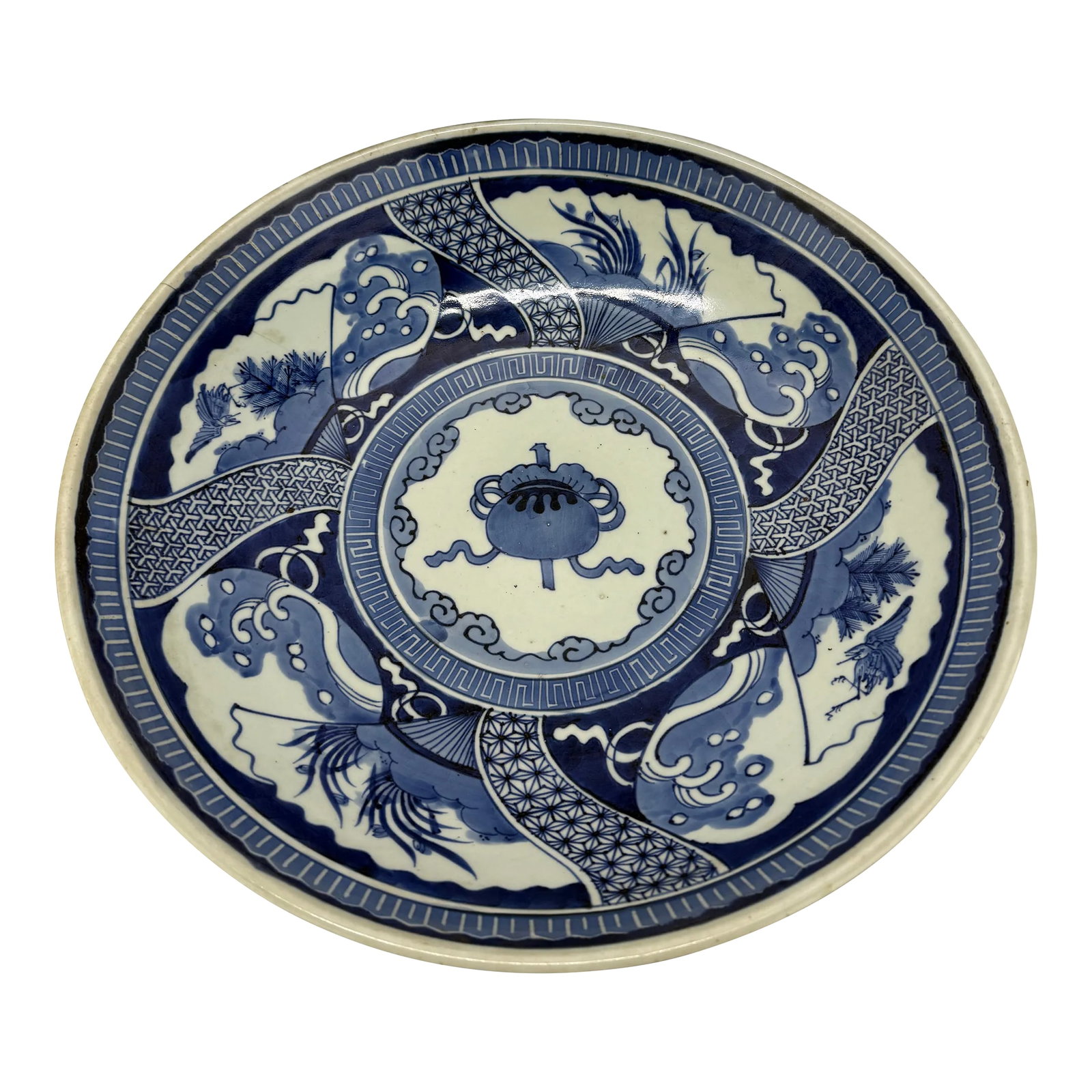 Large Chinese Porcelain Blue & White Shipwreck Style Platter 18.5": This exceptional possibly 19th-century (we are selling as 20th century) Chinese blue and white porcelain charger exemplifies the pinnacle of Qing dynasty artistry. Finely hand-painted in a vibrant
