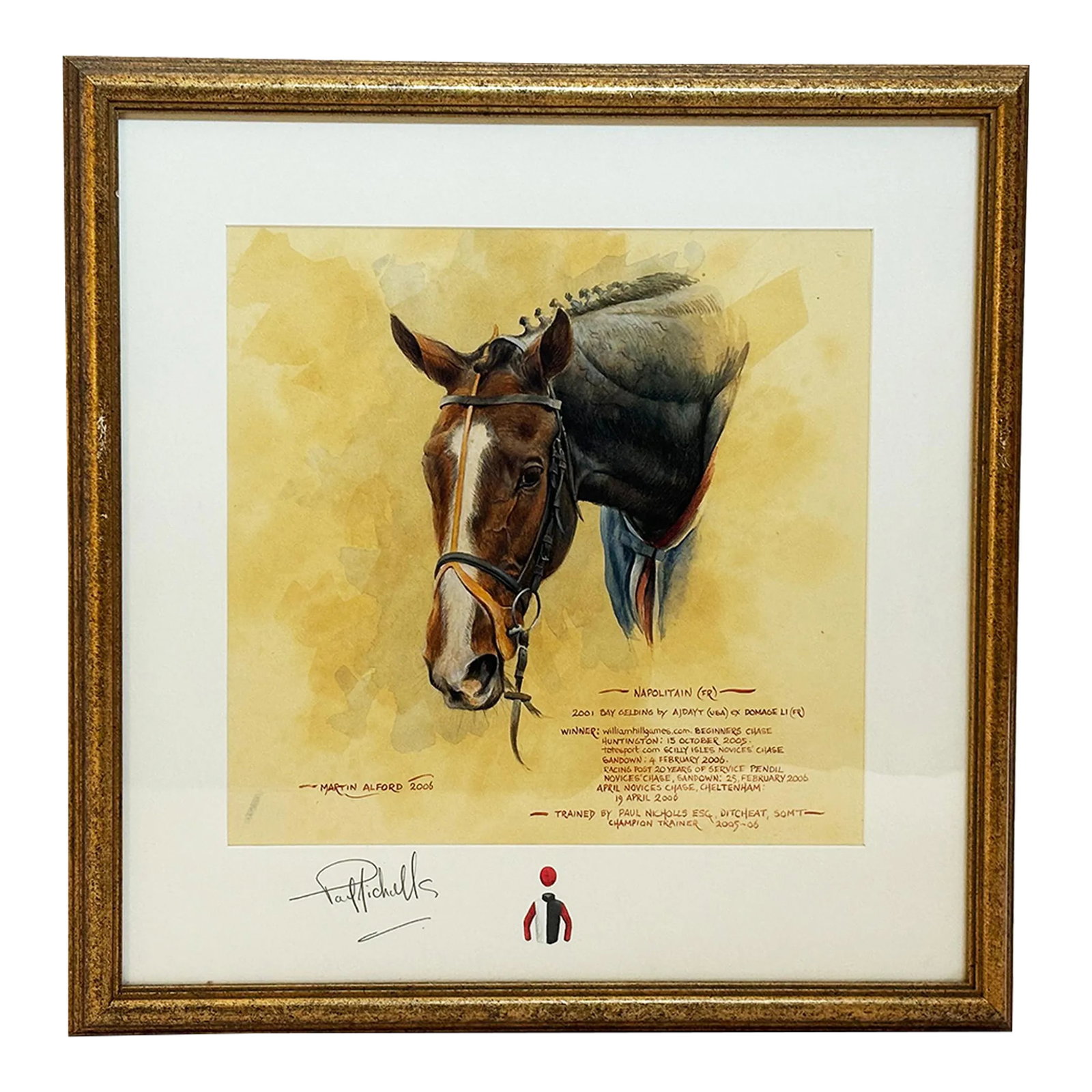2000s "Napolitain" Vintage French Equestrian Watercolor Horse Painting by Martin Alford: Add a sophisticated touch to your décor with this vintage watercolor painting of a French race horse named Napolitain. This is an original watercolor on paper by artist Martin Alford (British).