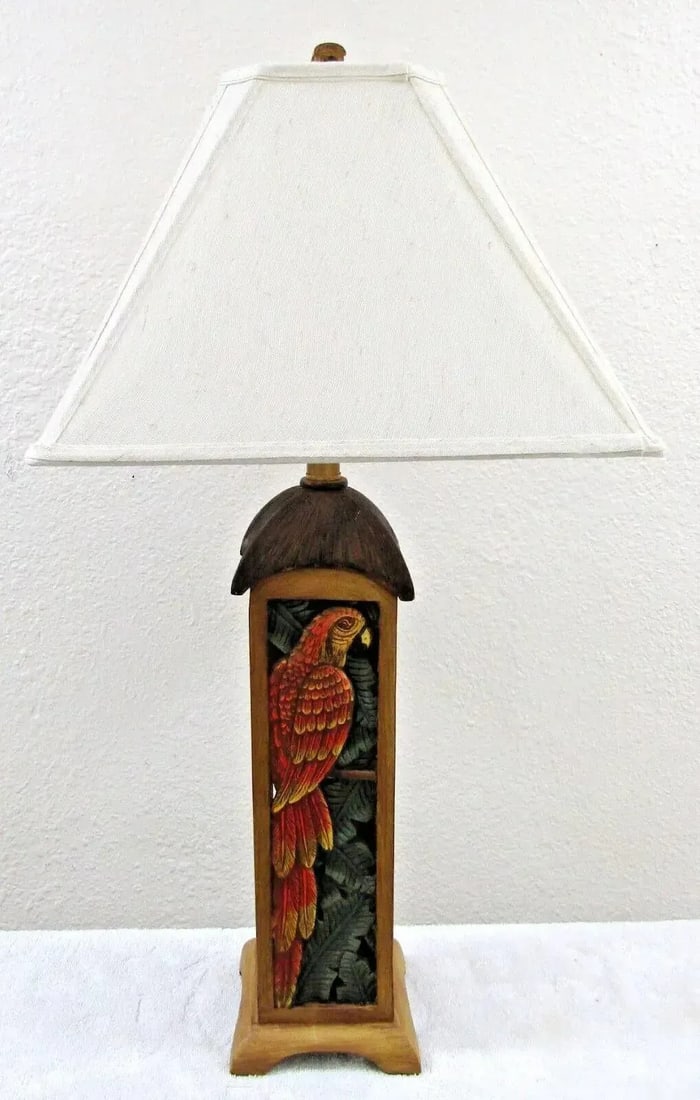 Matched Pair of Parrot Motif Table Lamps With Custom Linen Shades Attributed to Tommy Bahama - 2
