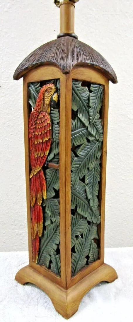 Matched Pair of Parrot Motif Table Lamps With Custom Linen Shades Attributed to Tommy Bahama - 5