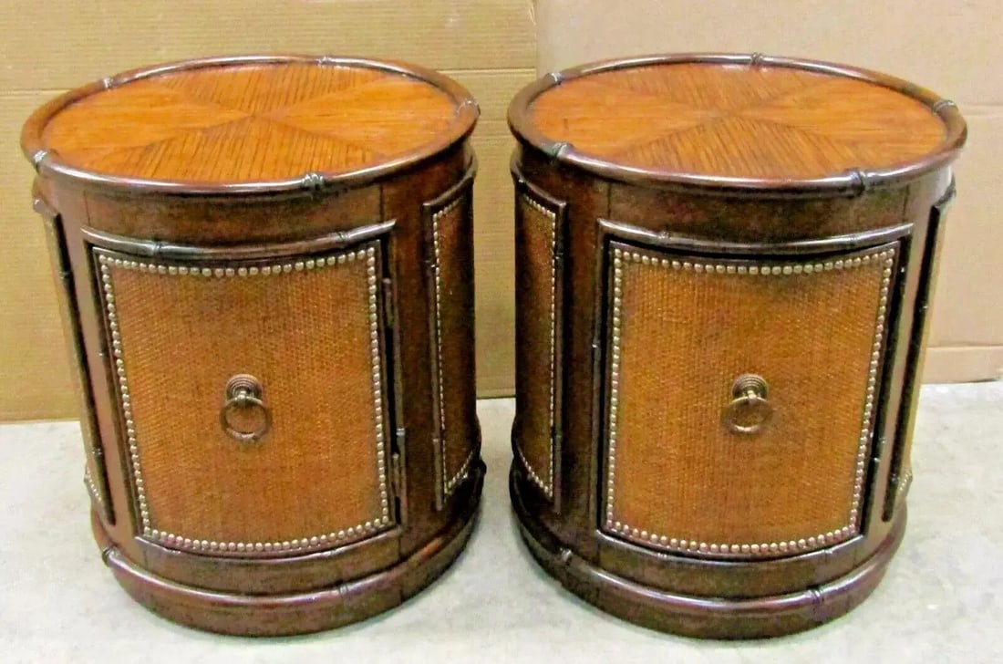 Matched Pair of Tommy Bahama Sandpiper Rattan Round Lamp Tables Side Tables 545-950 - 2