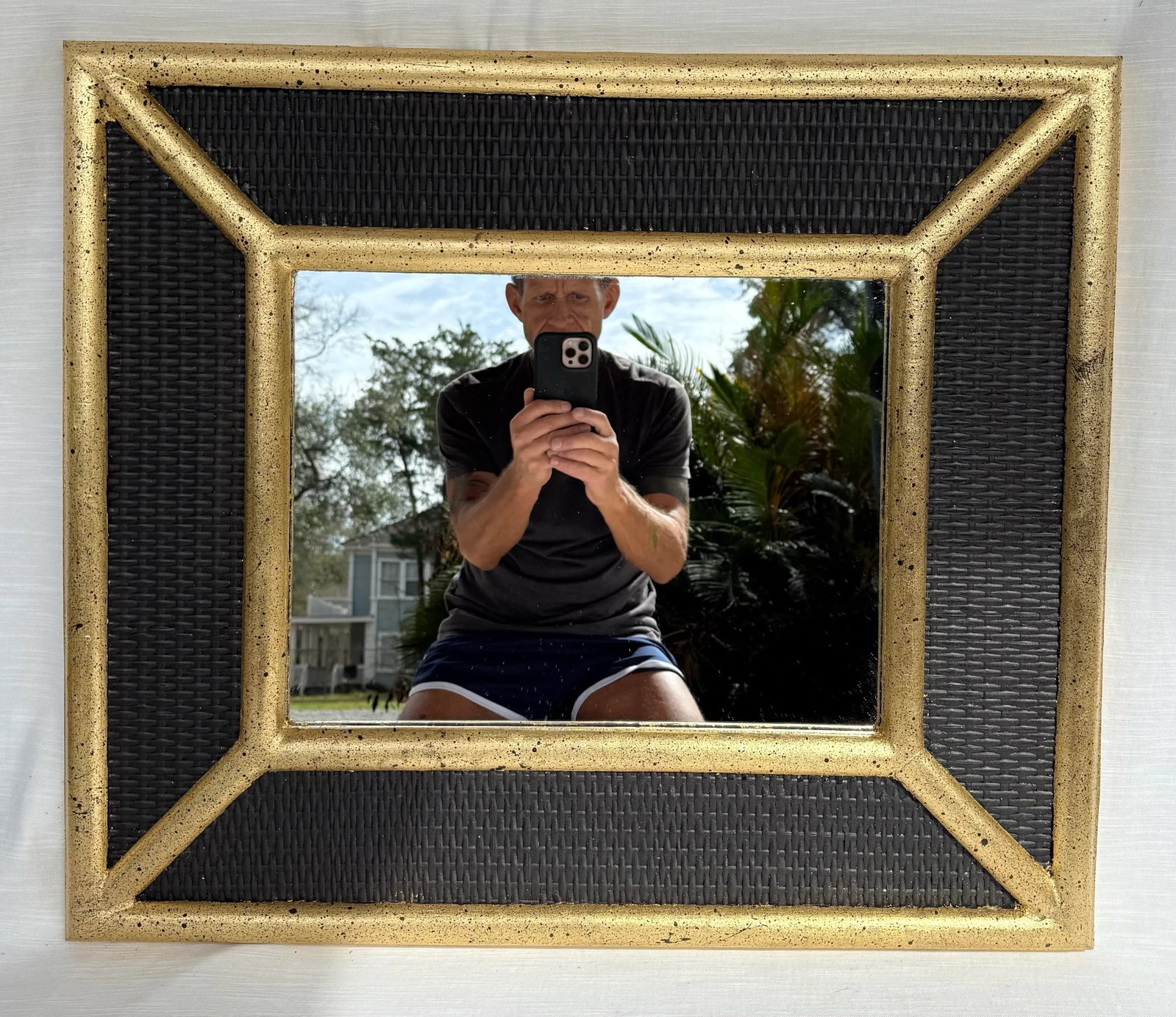 Vintage Mid-Century Customized Black Hand Gilt Wicker and Rattan Wall Mirror in the Style of Karl Sp - 4