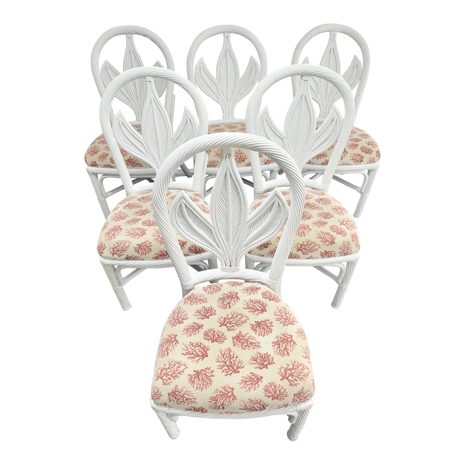 Vintage Newly Painted Palm Beach Regency Braided Rattan Dining Chairs - Set of 6: Imagine transforming your dining space with this stunning set of six vintage coastal rattan dining chairs, beautifully designed in the iconic Gabriella Crespi style. Each chair showcases a charming pa