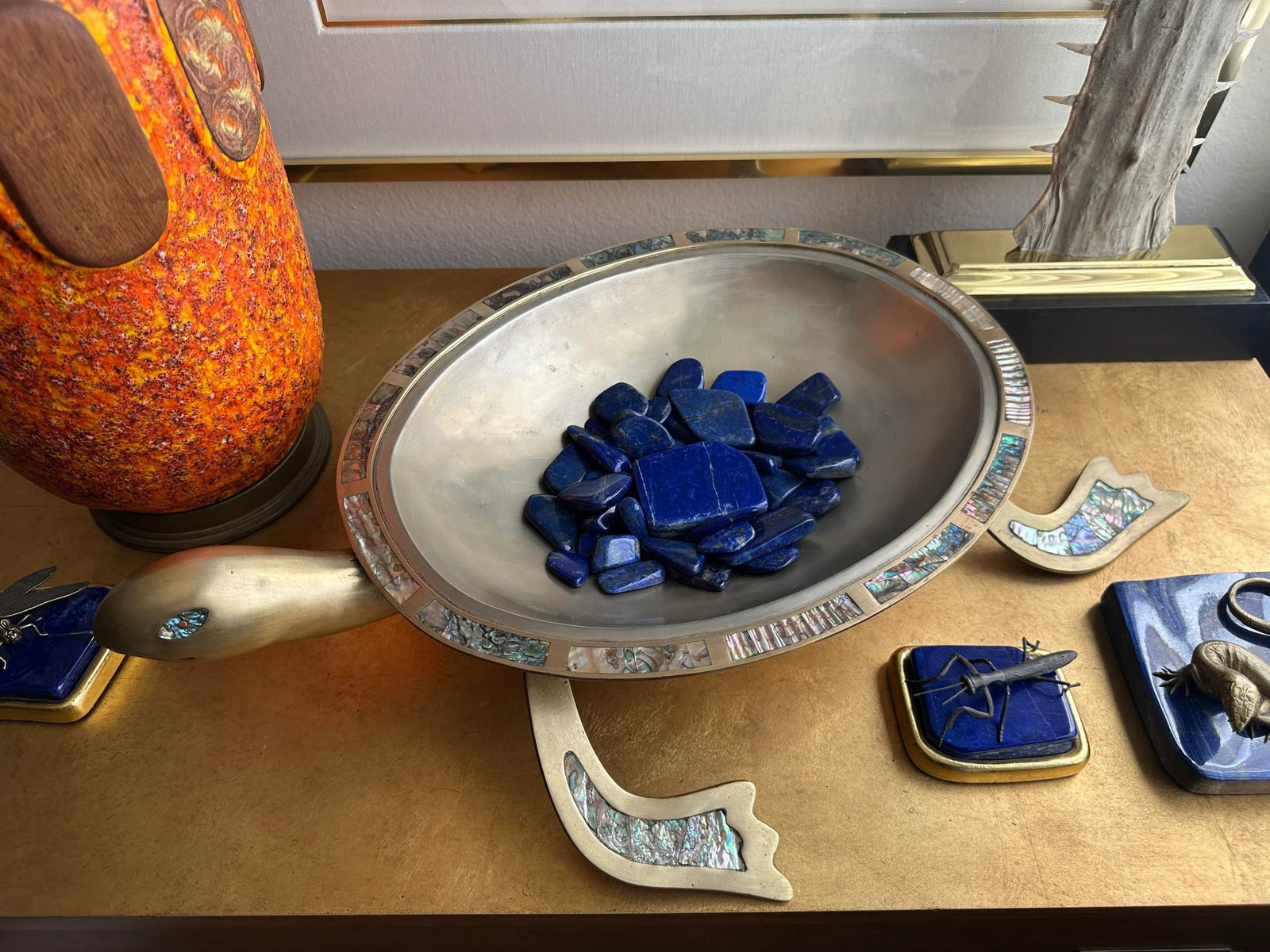 1970s Brass and Abalone Shell Turtle Sculpture Platter - 6