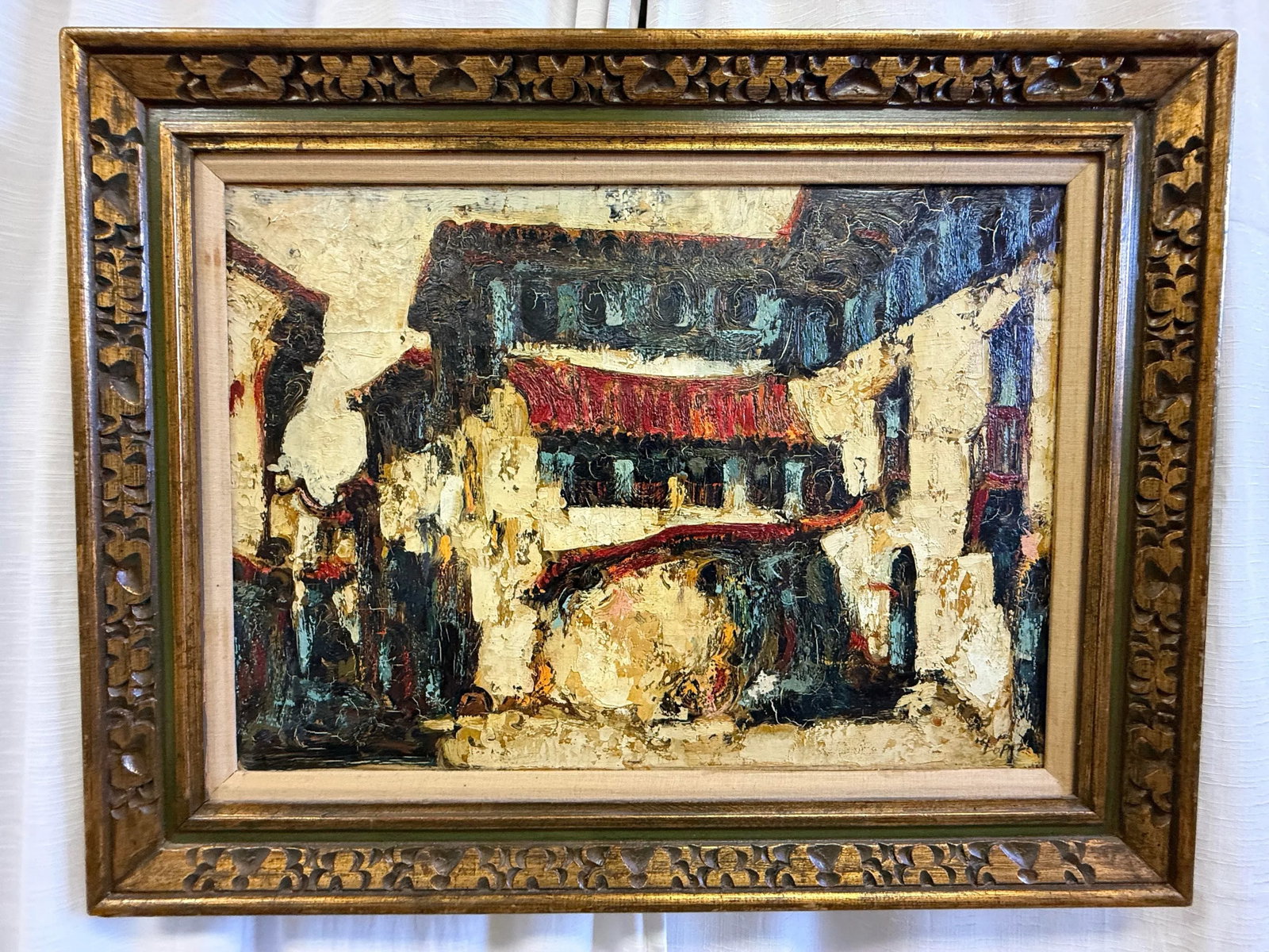 Vintage Outsider Art Impasto Oil Painting of Expressionist Village Street Scene Signed - 11