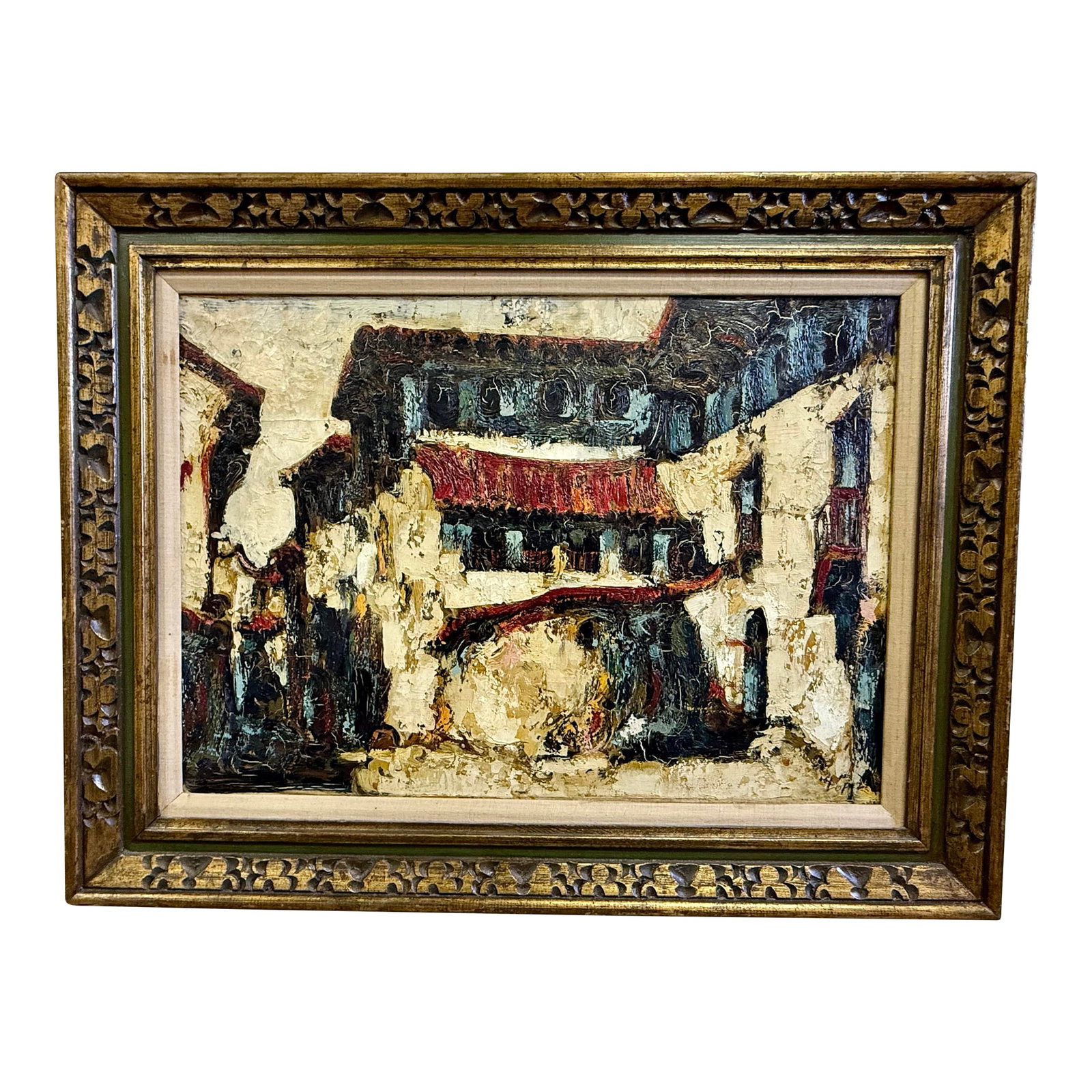 Vintage Outsider Art Impasto Oil Painting of Expressionist Village Street Scene Signed: Now, imagine bringing the vibrant energy of a bygone era into your space with this exquisite Vintage Mid Century Impasto Oil Painting. Signed by the talented artist Lopez, this piece captures a charmi
