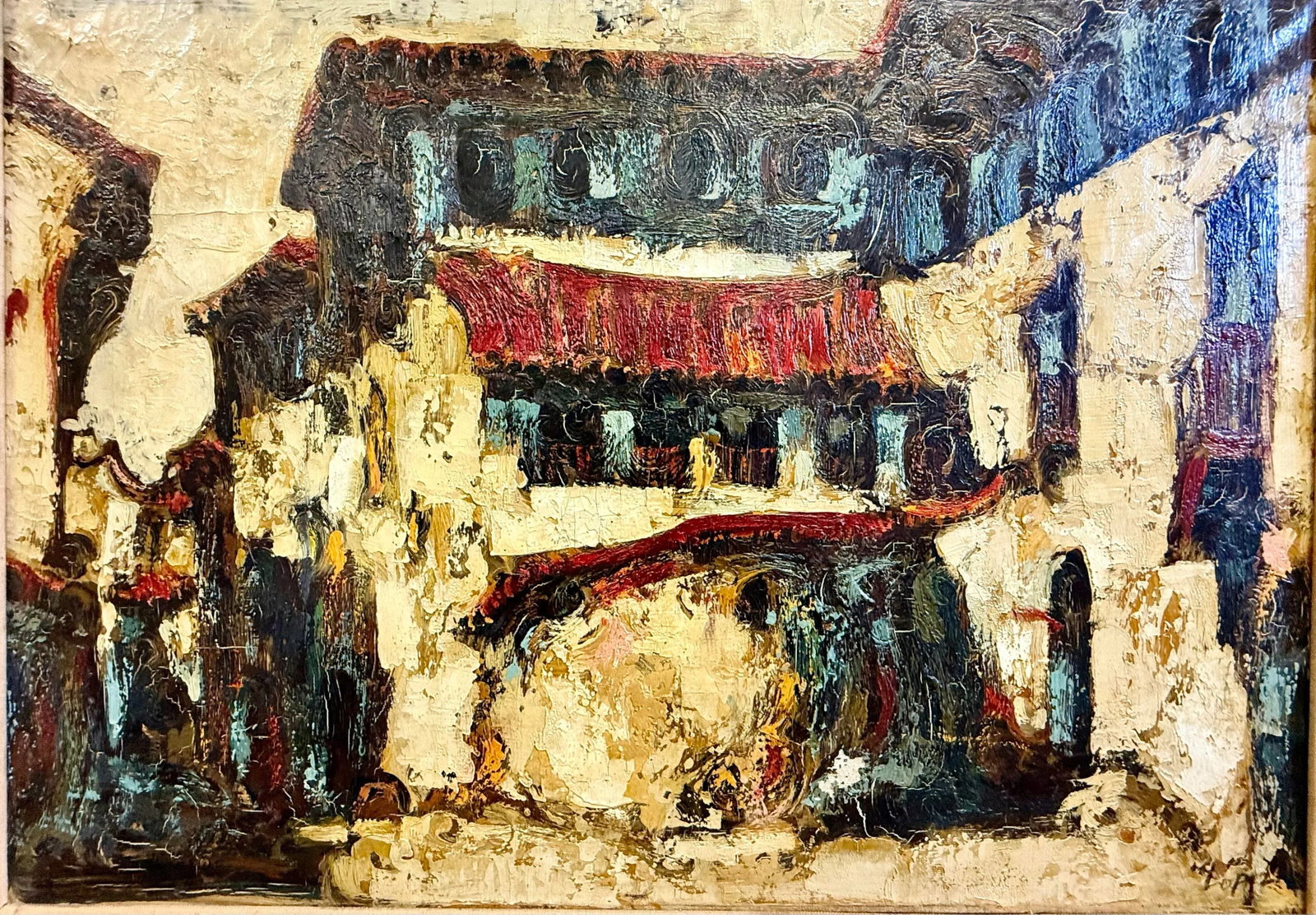Vintage Outsider Art Impasto Oil Painting of Expressionist Village Street Scene Signed - 2
