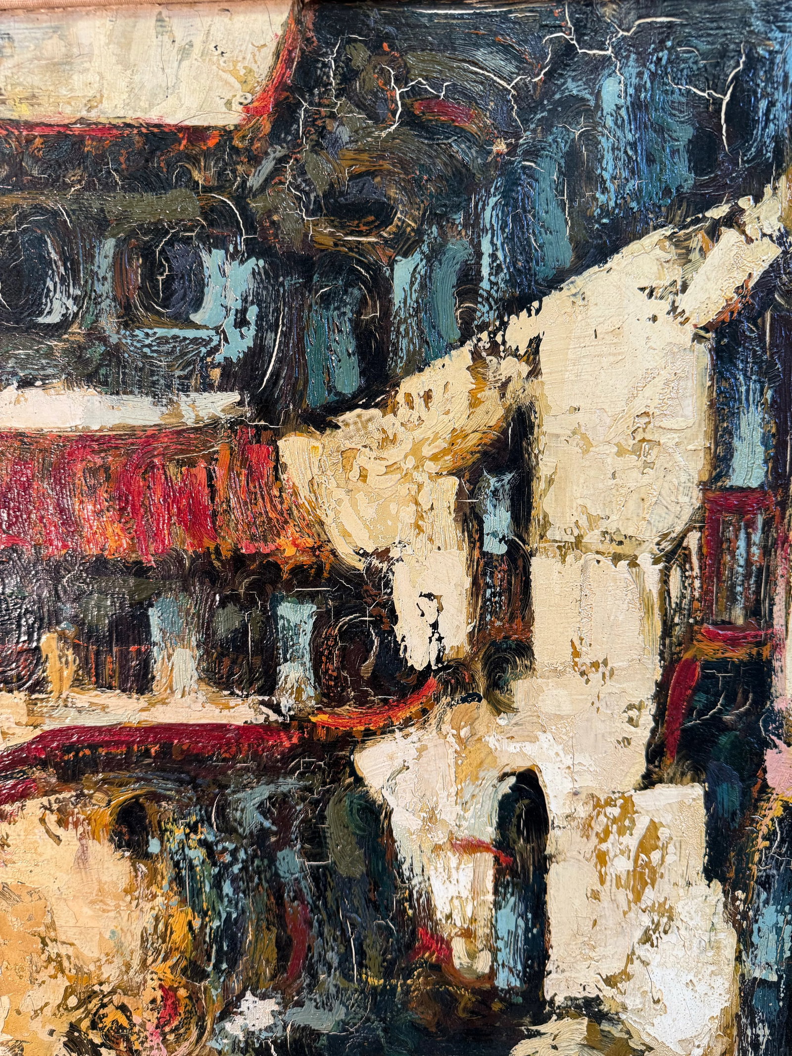 Vintage Outsider Art Impasto Oil Painting of Expressionist Village Street Scene Signed - 7