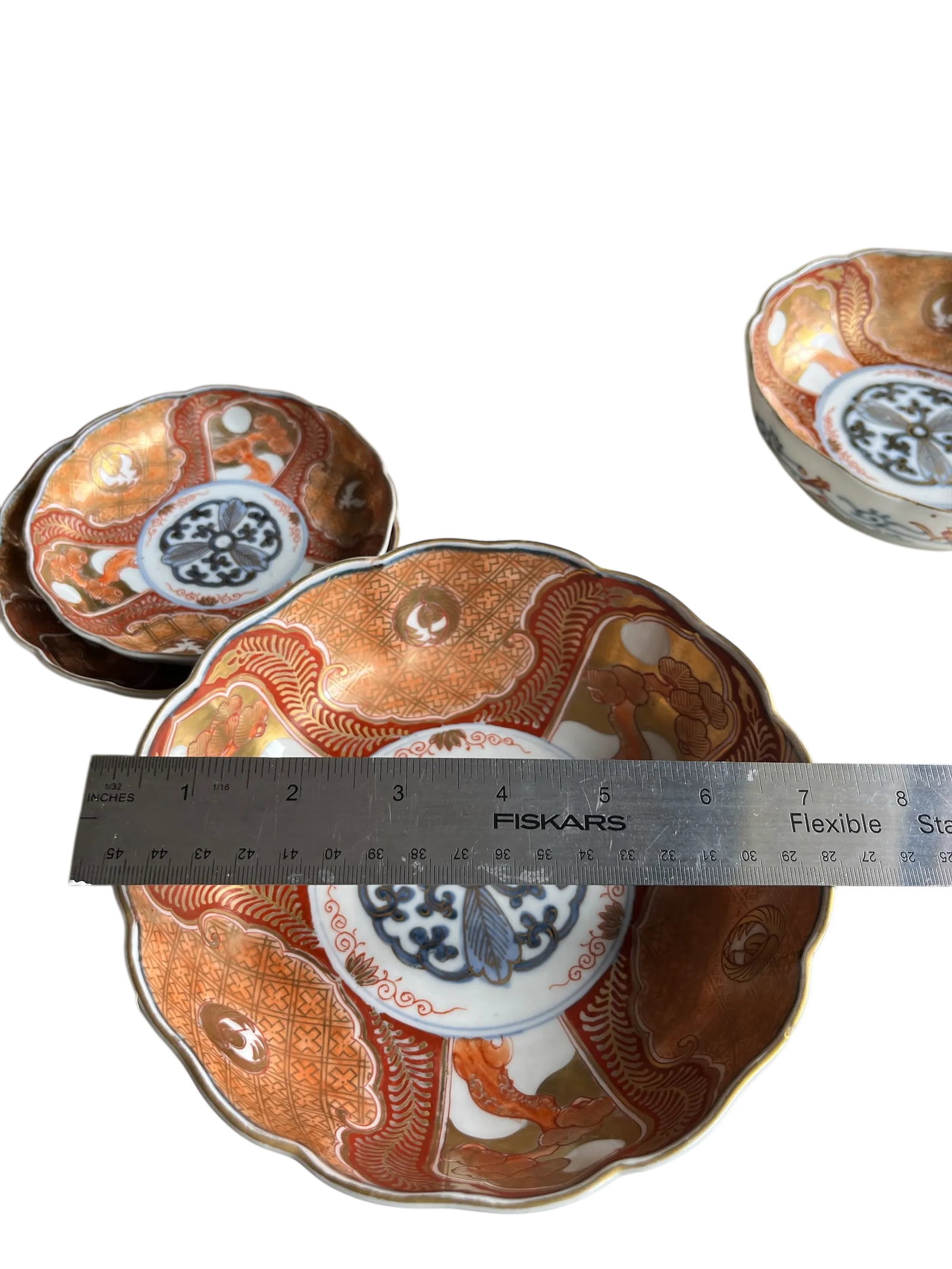 19th Century Japanese Meiji Period Marked Imari Fluted Footed Nesting Bowl Blue Fuku Mark Arita- Set - 11