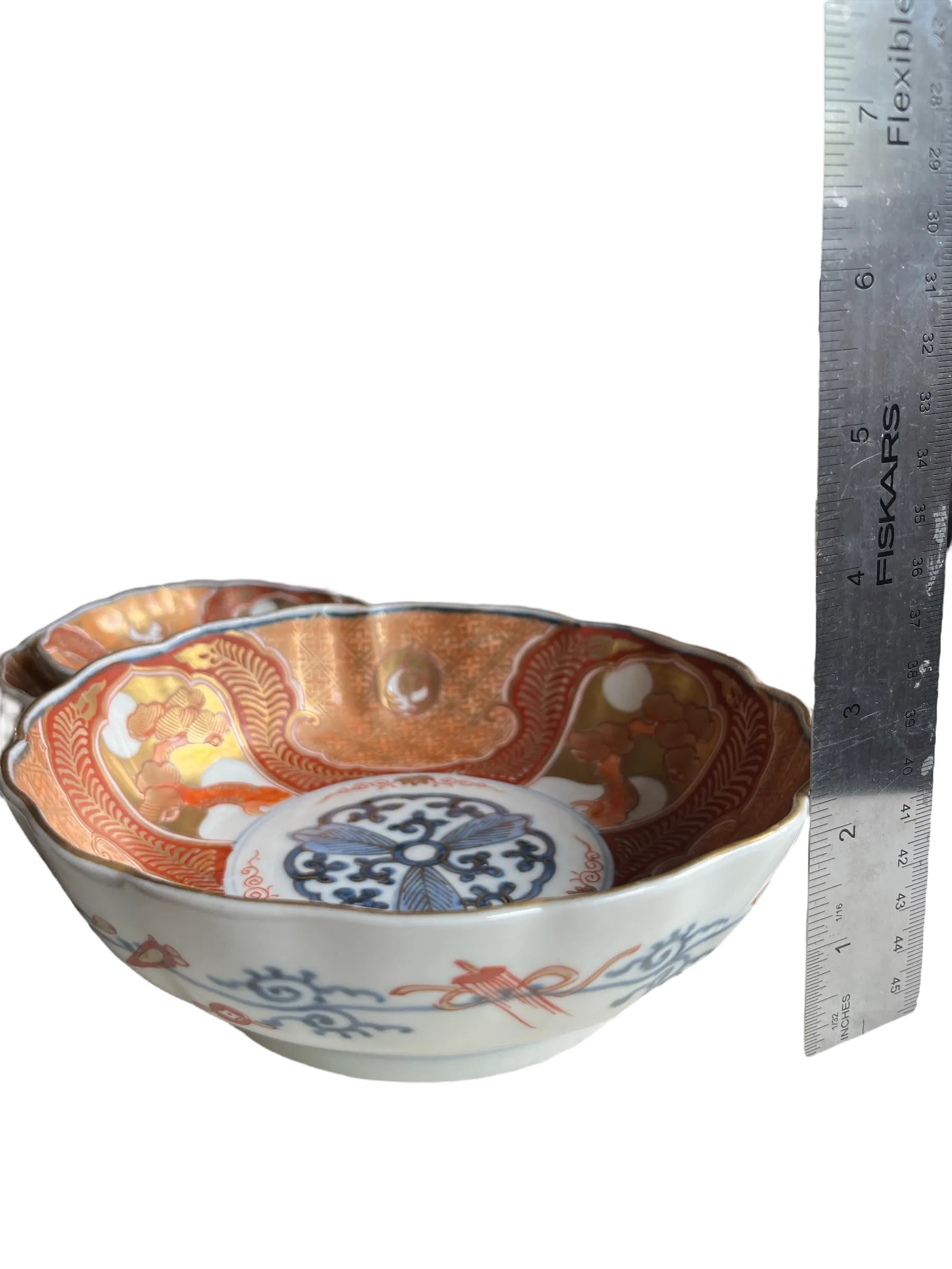 19th Century Japanese Meiji Period Marked Imari Fluted Footed Nesting Bowl Blue Fuku Mark Arita- Set - 12