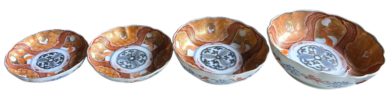 19th Century Japanese Meiji Period Marked Imari Fluted Footed Nesting Bowl Blue Fuku Mark Arita- Set - 2