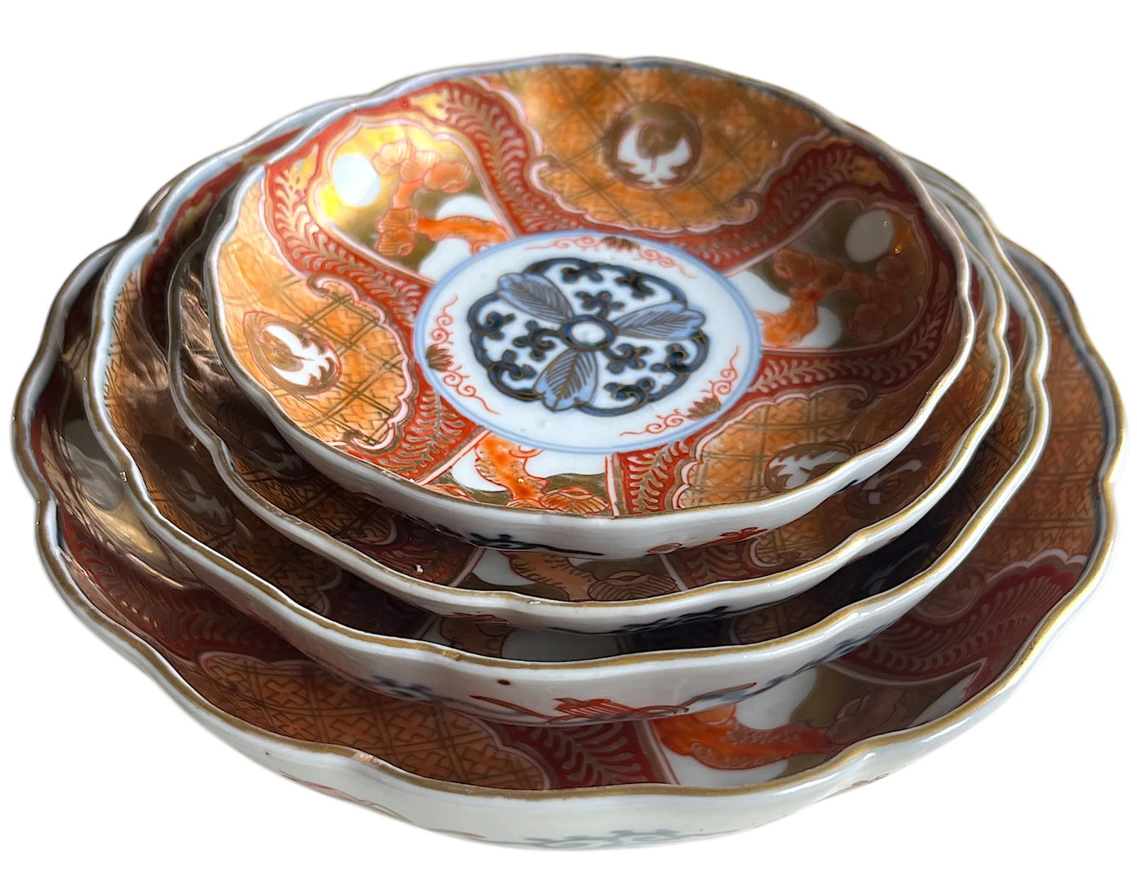 19th Century Japanese Meiji Period Marked Imari Fluted Footed Nesting Bowl Blue Fuku Mark Arita- Set - 3