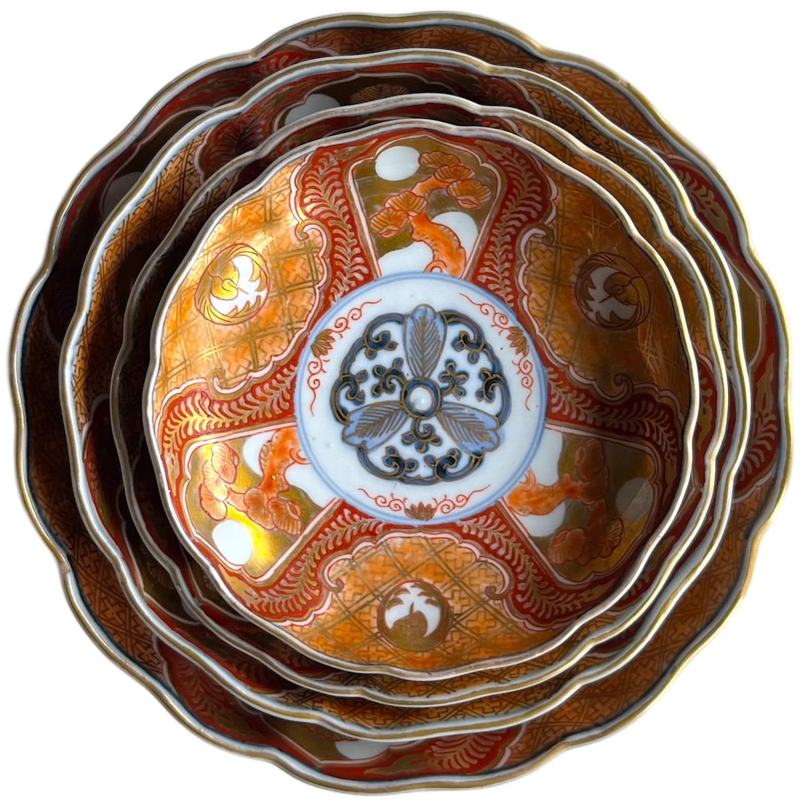 19th Century Japanese Meiji Period Marked Imari Fluted Footed Nesting Bowl Blue Fuku Mark Arita- Set - 4
