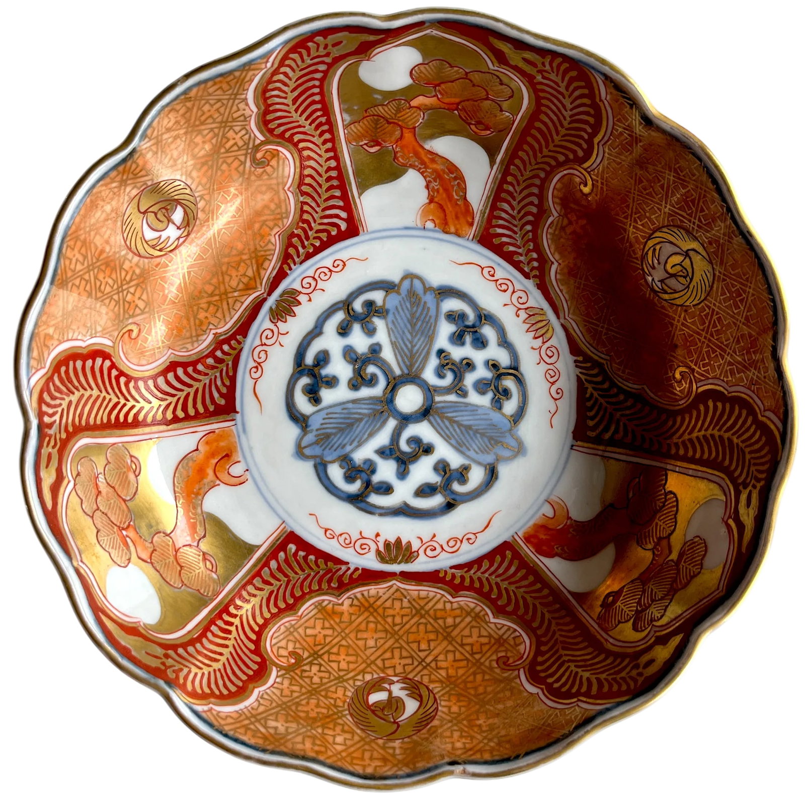 19th Century Japanese Meiji Period Marked Imari Fluted Footed Nesting Bowl Blue Fuku Mark Arita- Set - 6