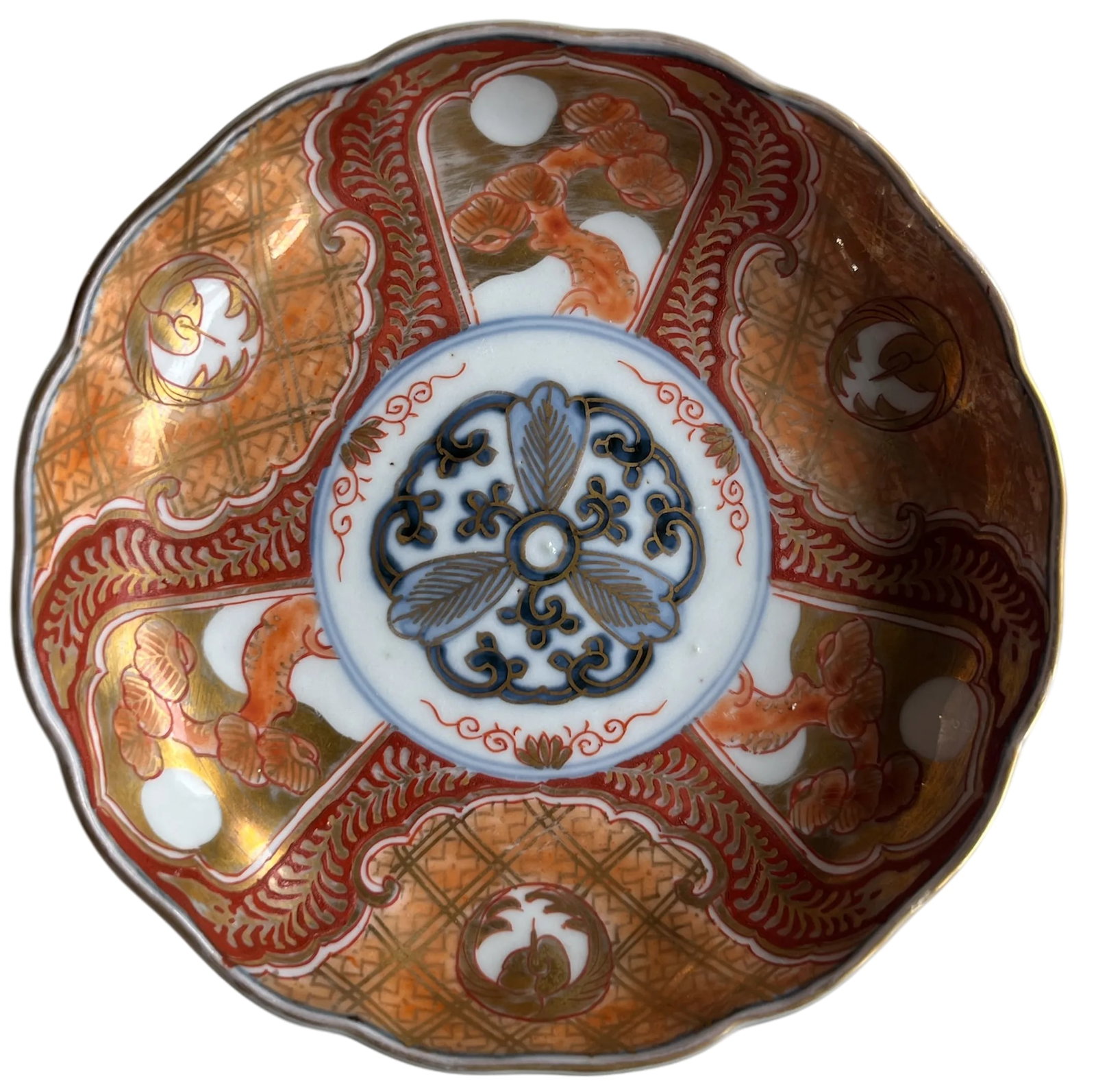 19th Century Japanese Meiji Period Marked Imari Fluted Footed Nesting Bowl Blue Fuku Mark Arita- Set - 8