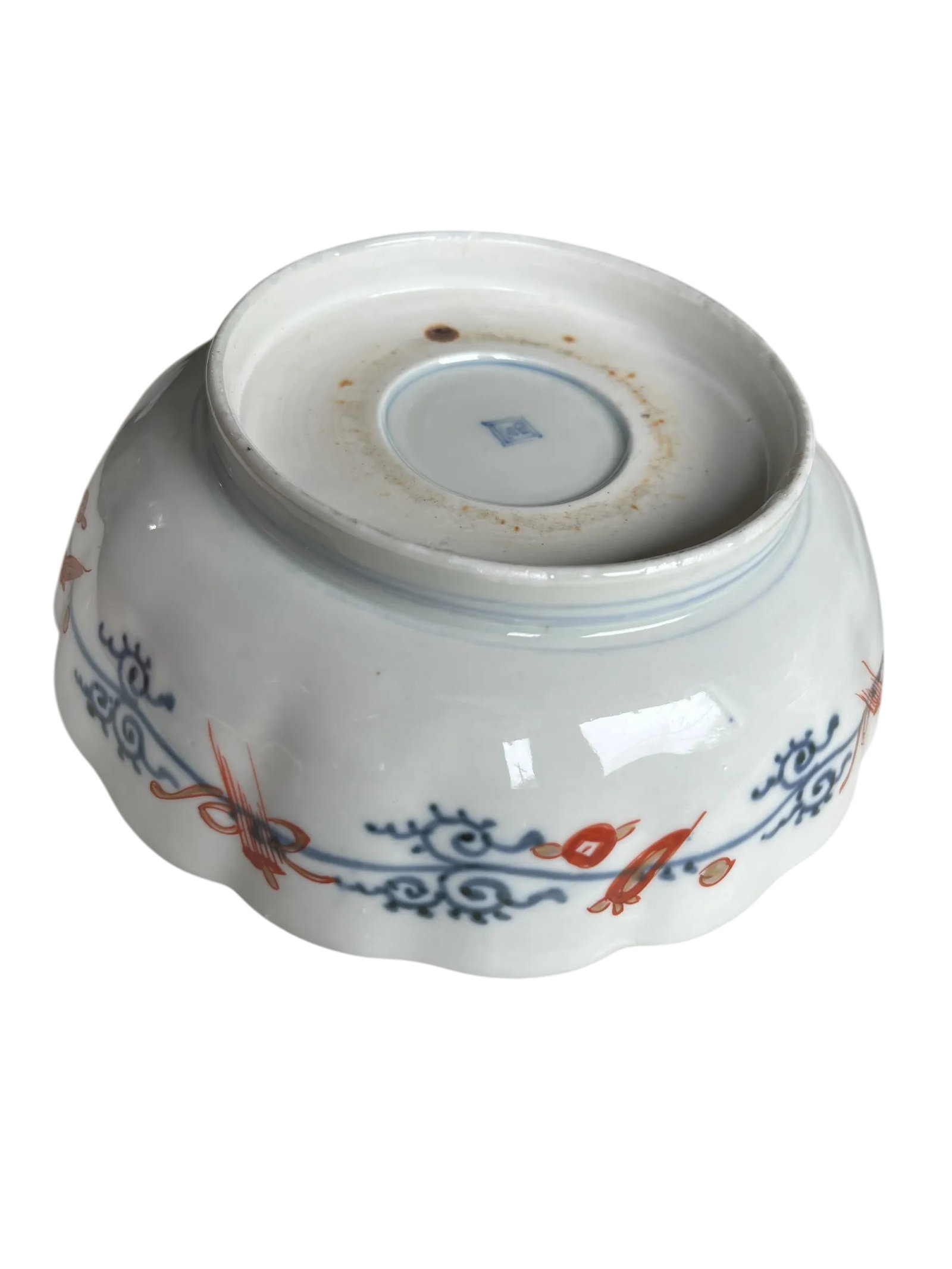 19th Century Japanese Meiji Period Marked Imari Fluted Footed Nesting Bowl Blue Fuku Mark Arita- Set - 9