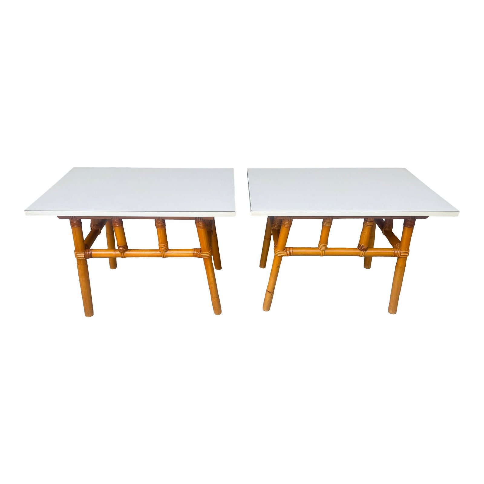 Mid - Century John Wisner for Ficks Reed Style Rattan Side Tables - A Pair: See the matching Pagoda Style coffee table in our other listing! Elevate your coastal-inspired decor with this stunning pair of vintage rattan side tables, designed in the iconic John Wisner for