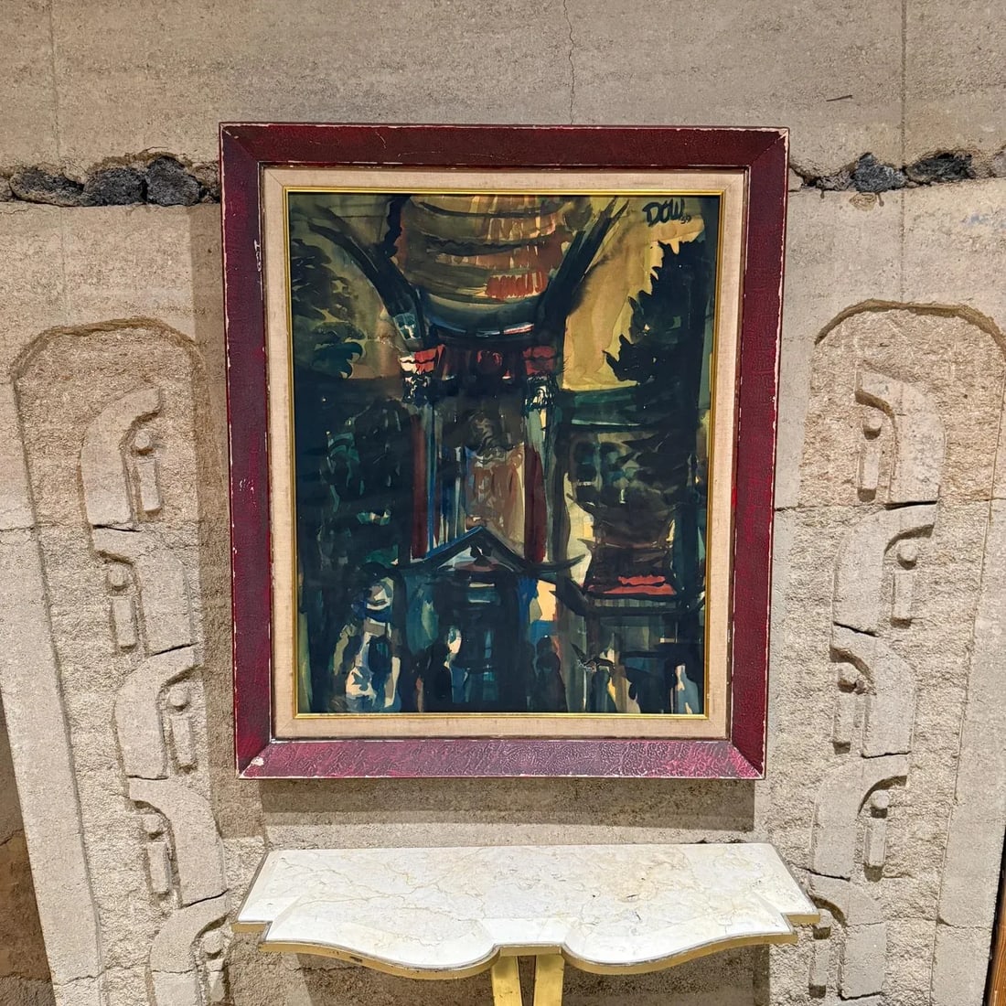 1950s Abstract Watercolor Architectural Painting Signed Dow 59 - 12