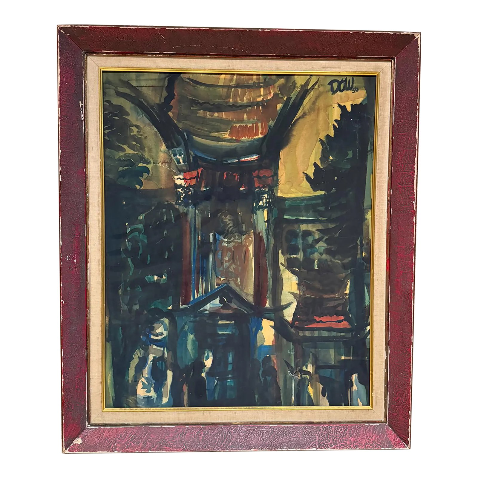 1950s Abstract Watercolor Architectural Painting Signed Dow 59: For your consideration, 1950s Watercolor Painting. Abstract architectural landscape. Signed upper right corner Dow 59. Signed in verso in pencil Framed by Duane 8-18-64 Dimensions: 36" H x 30" W x