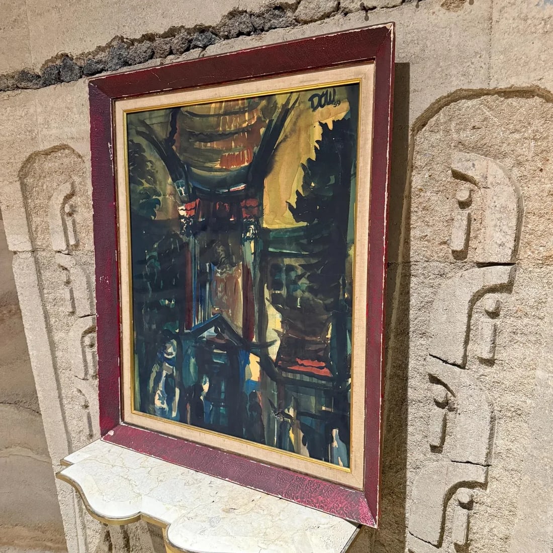1950s Abstract Watercolor Architectural Painting Signed Dow 59 - 6