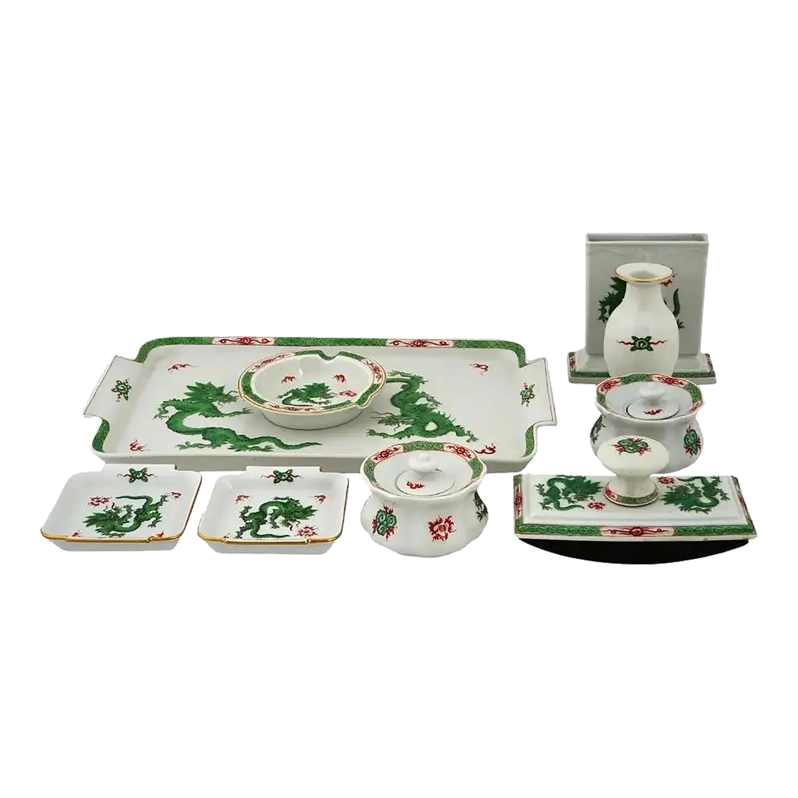 Mid 20th Century Meissen Porzellan Green Ming Dragon Porcelain Writing Set - 9 Pieces: A mid-20th century hand-painted porcelain desk accessories set by Meissen Porzellan, a prominent German porcelain manufacture. Ming Dragon pattern in Green. A total of 9 items, including two lidded
