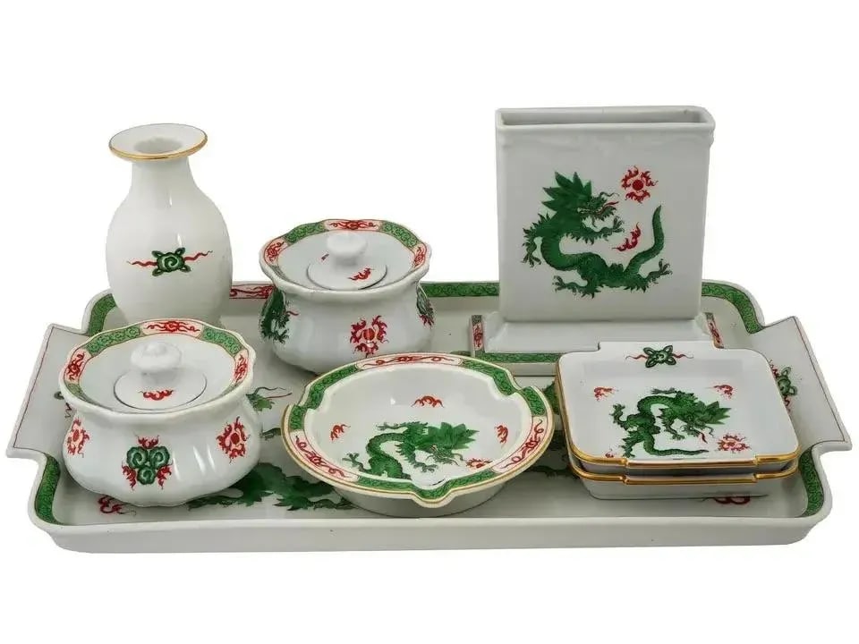 Mid 20th Century Meissen Porzellan Green Ming Dragon Porcelain Writing Set - 9 Pieces - 2