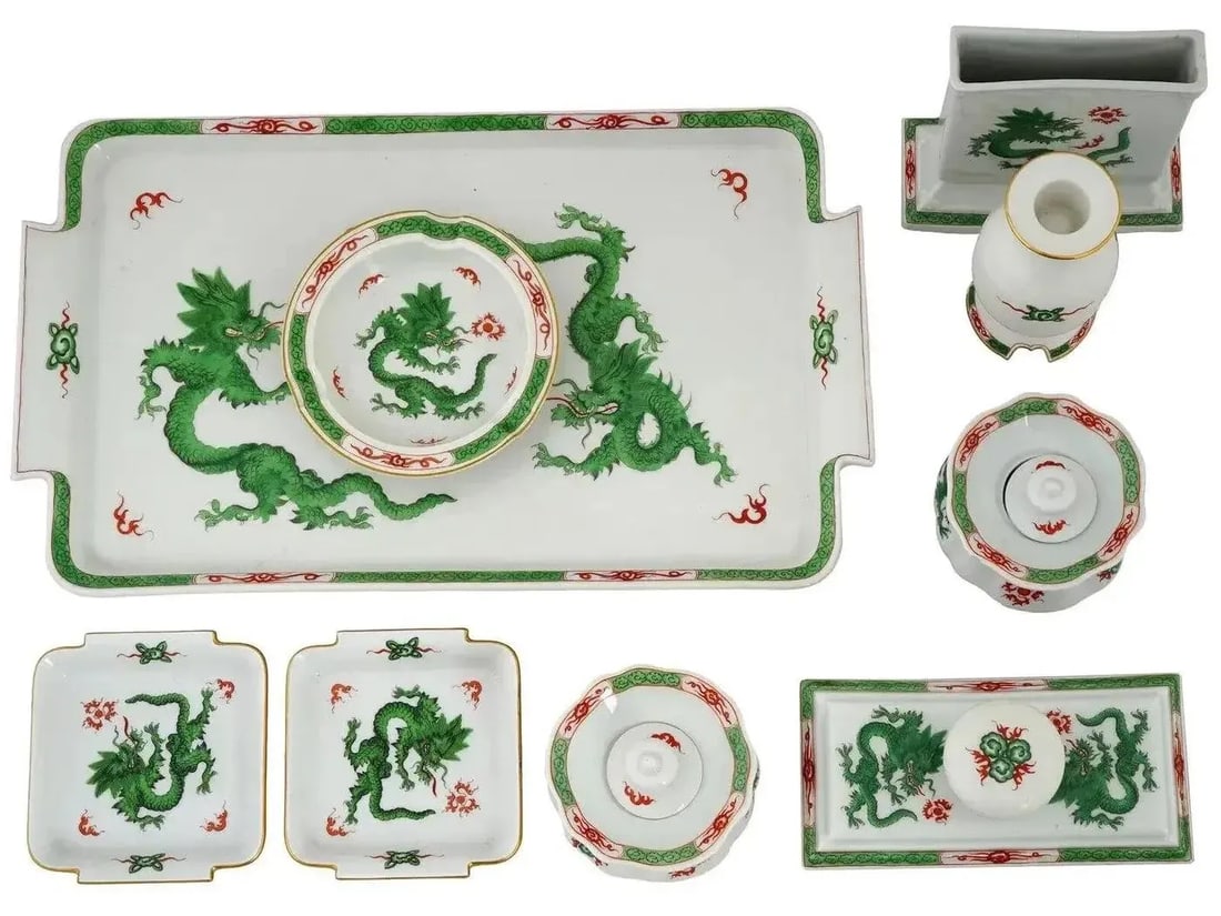 Mid 20th Century Meissen Porzellan Green Ming Dragon Porcelain Writing Set - 9 Pieces - 5
