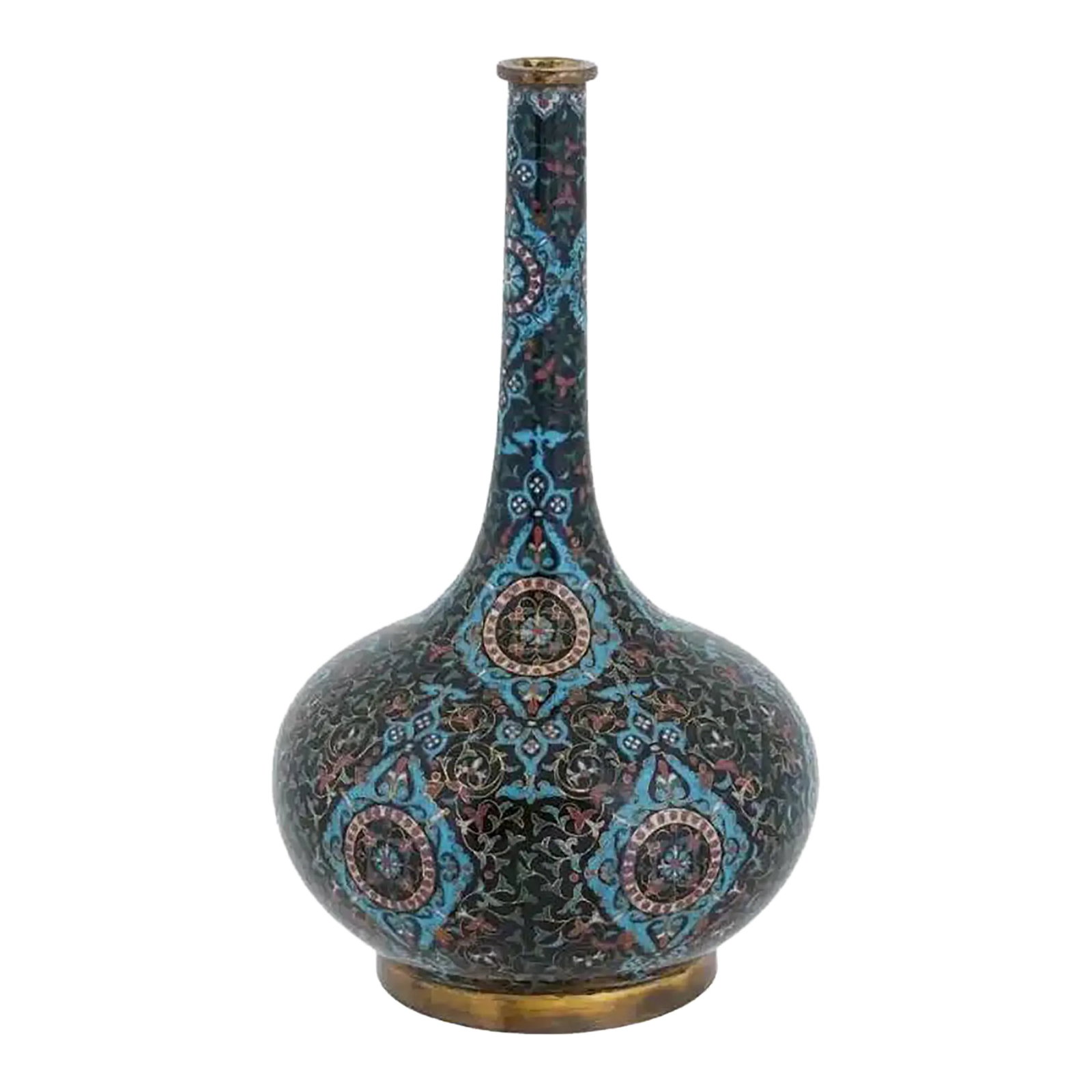 Early 20th Century Chinese Cloisonne Enamel Brass Vase W Foliage Motif: A Chinese enamel over brass vase. The vase has a globular shaped body and a tall neck. Adorned with polychrome enamel in foliage and geometric motifs made in the Cloisonne technique. Has a round