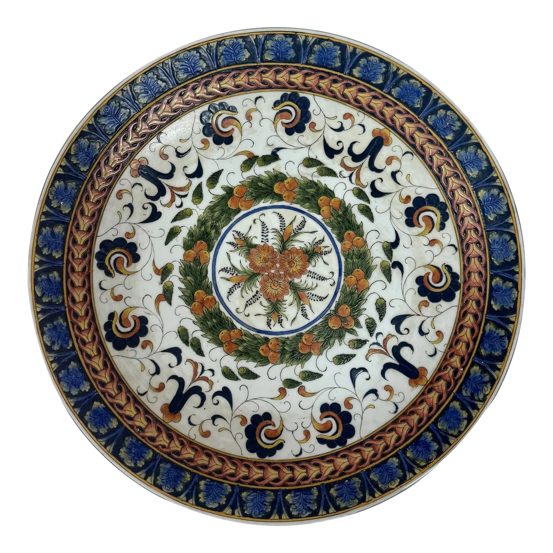 Vintage Monumental Hand-Painted Traditional Portuguese Ceramic Platter in Blue and Orange Floral Des: Imagine adding a touch of elegance to your home with this exquisite vintage 20" hand-painted traditional Portuguese ceramic platter. This stunning piece, crafted by Oriental Accents, showcases a