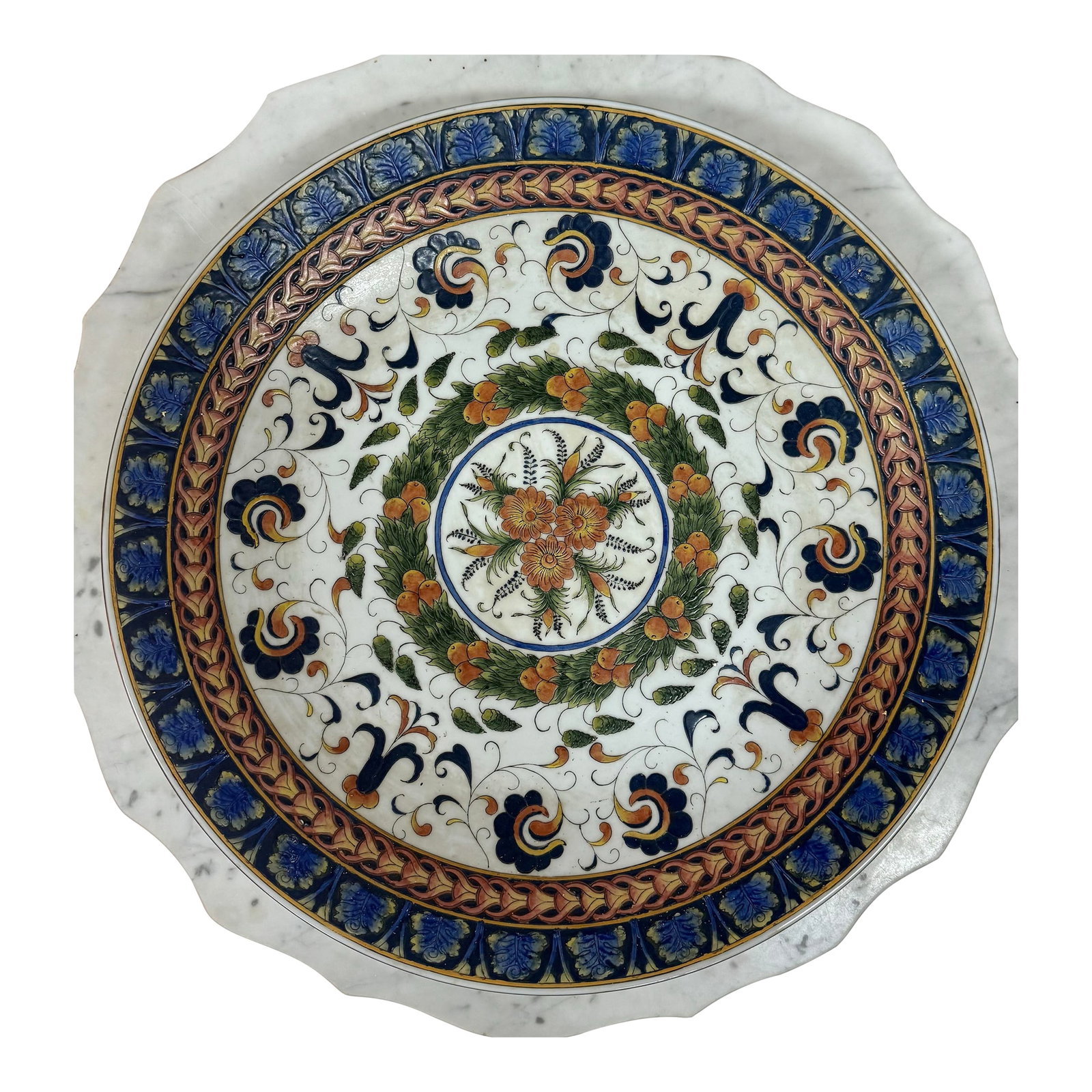 Vintage Monumental Hand-Painted Traditional Portuguese Ceramic Platter in Blue and Orange Floral Des - 2