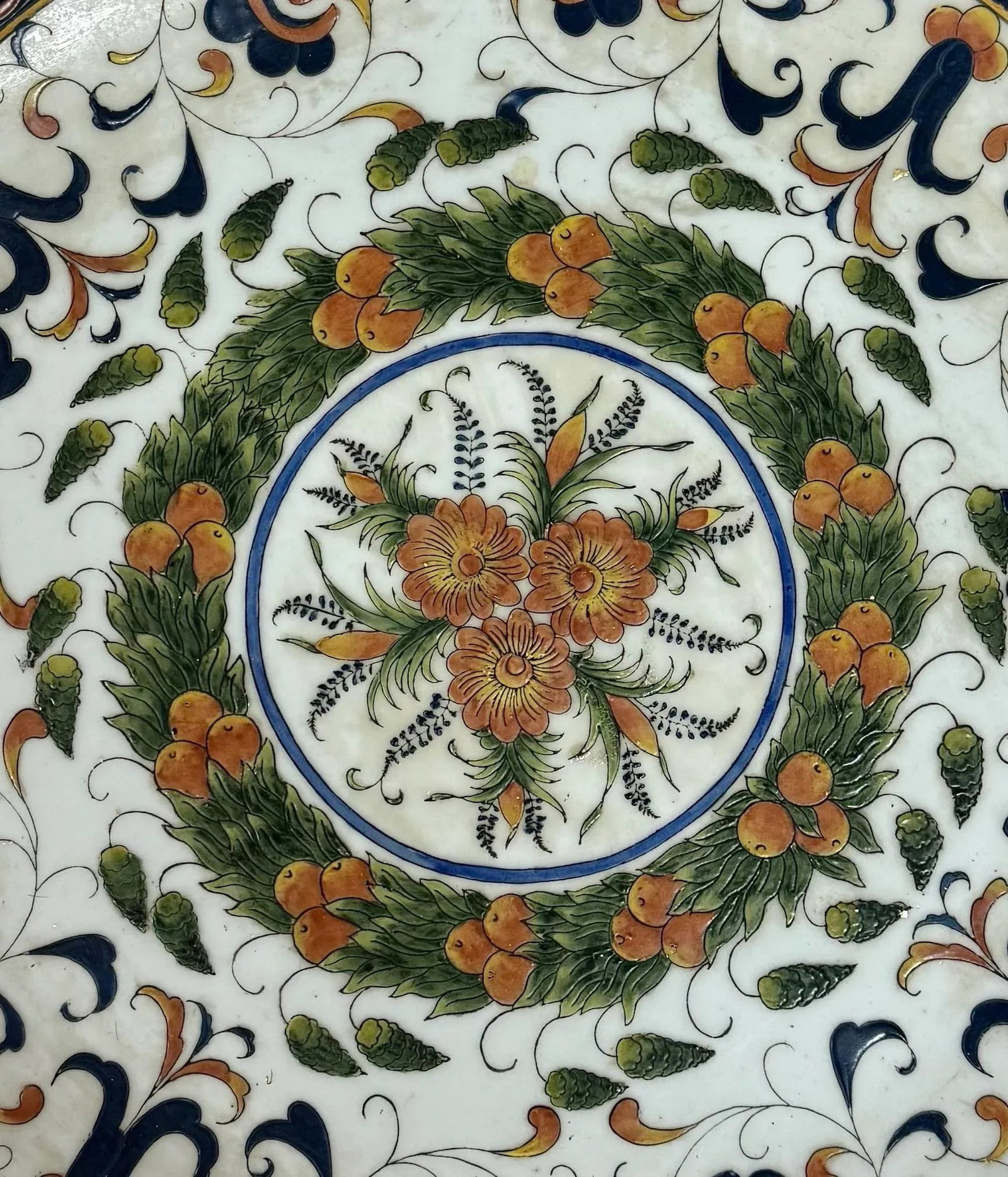 Vintage Monumental Hand-Painted Traditional Portuguese Ceramic Platter in Blue and Orange Floral Des - 3