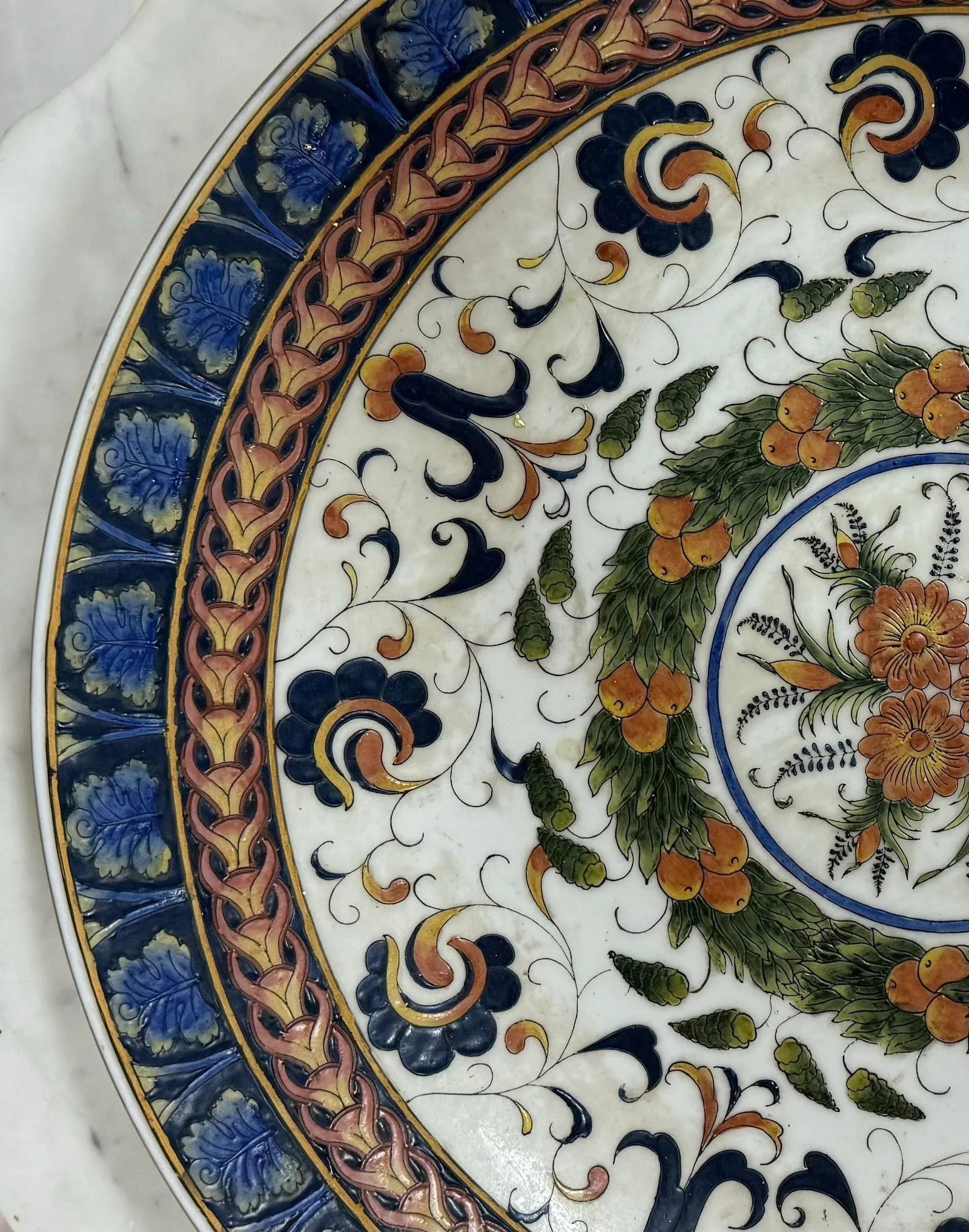 Vintage Monumental Hand-Painted Traditional Portuguese Ceramic Platter in Blue and Orange Floral Des - 4