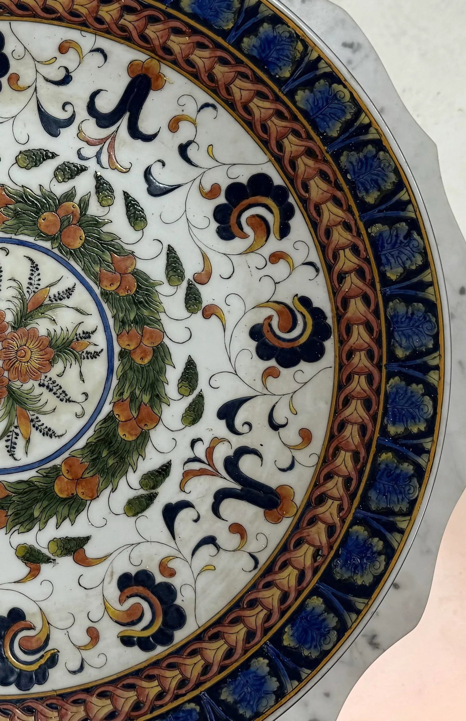 Vintage Monumental Hand-Painted Traditional Portuguese Ceramic Platter in Blue and Orange Floral Des - 5