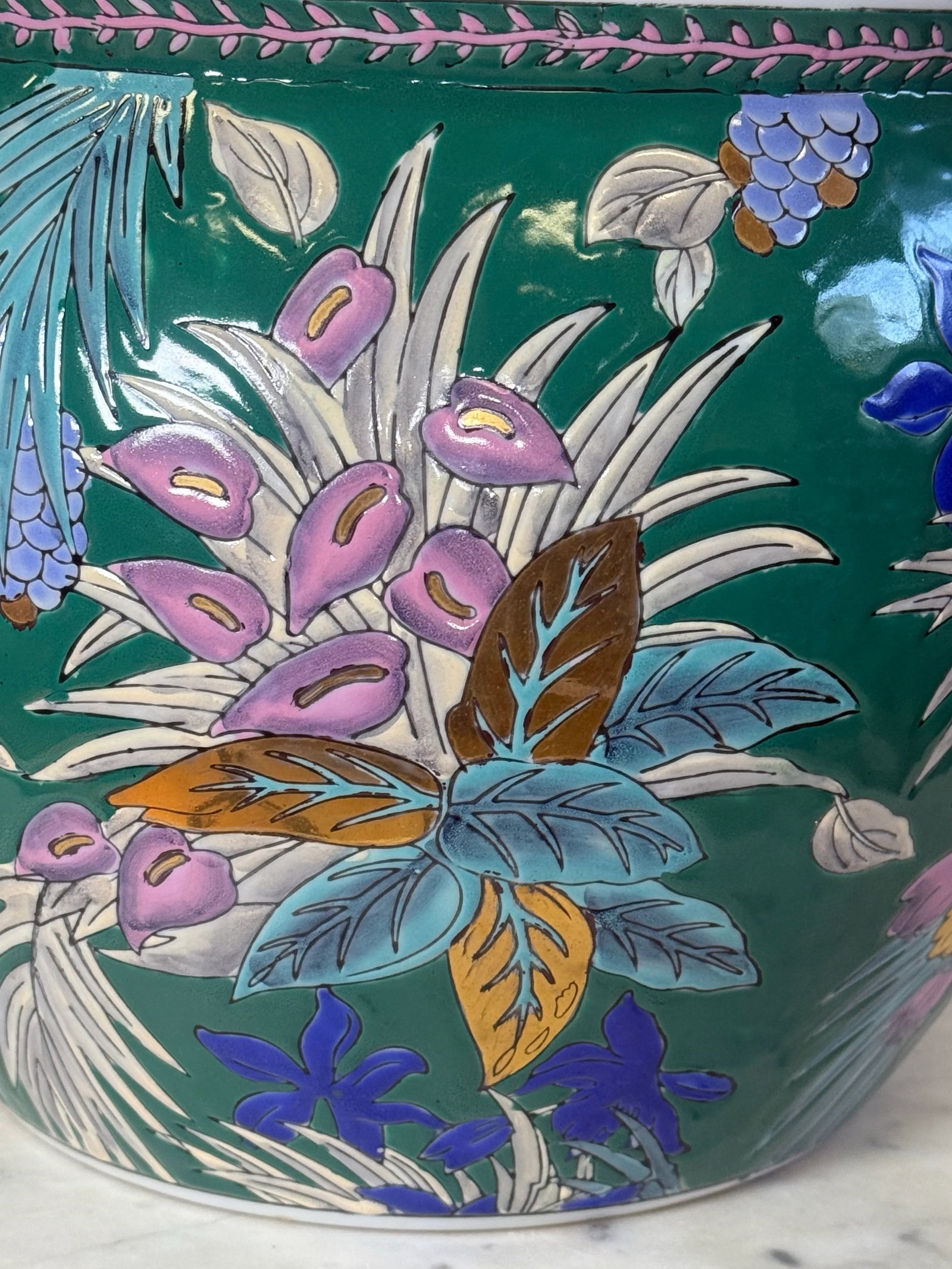 Vintage Hand-Painted Chinese Porcelain Koi Fish Bowl Planter - Tropical Floral Design With Metallic - 5