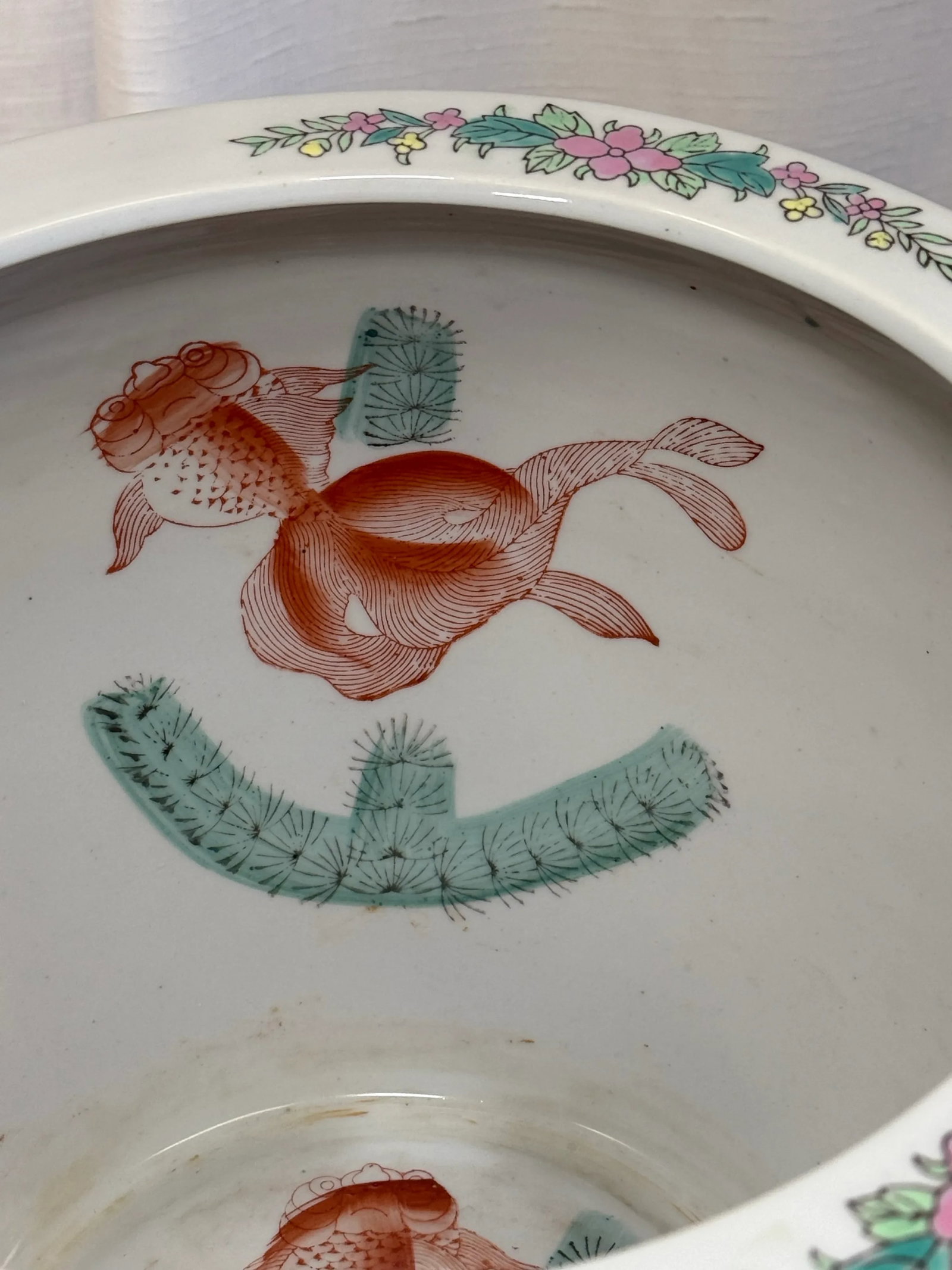 Vintage Hand-Painted Chinese Porcelain Koi Fish Bowl Planter - Tropical Floral Design With Metallic - 8