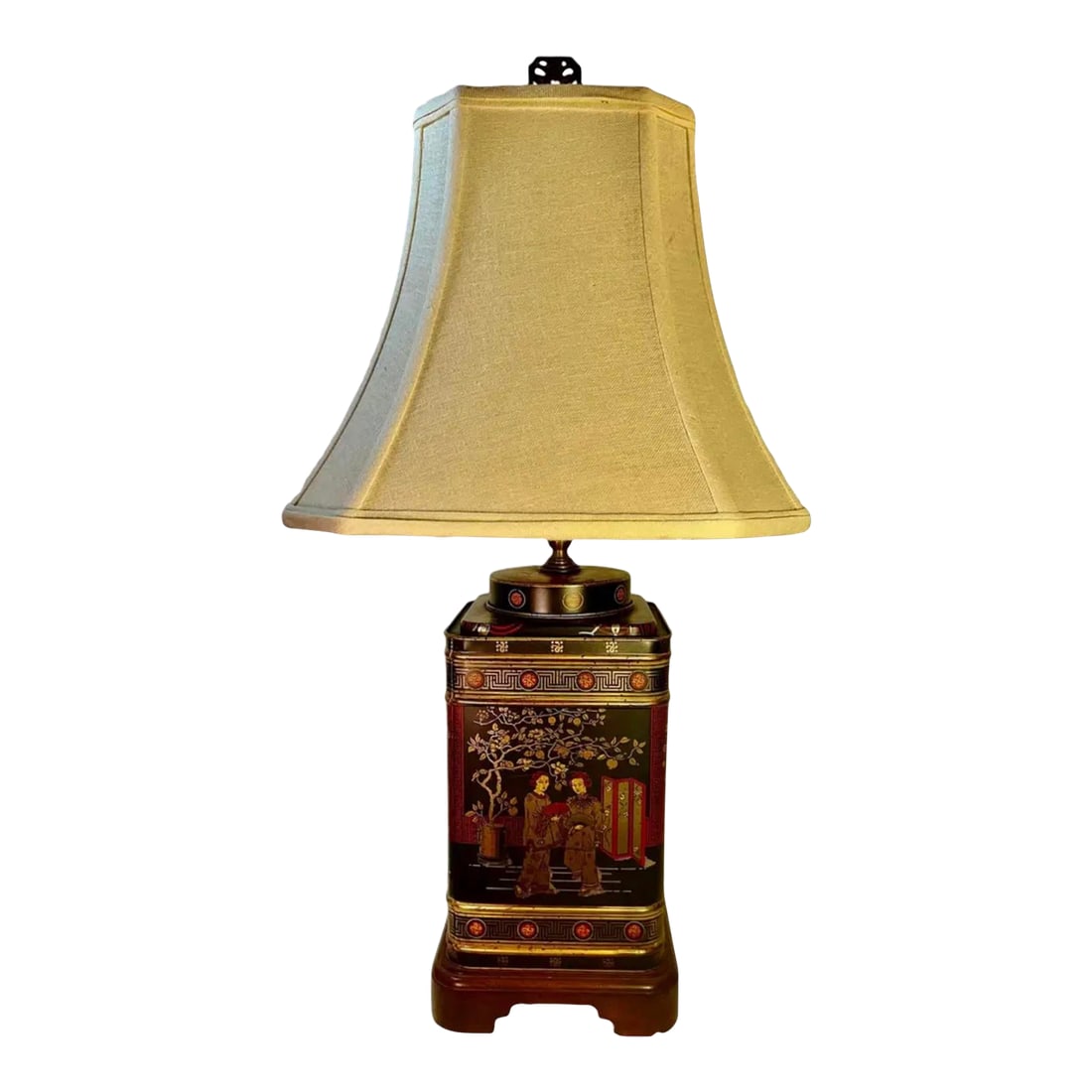 Vintage Chinoiserie Tole Tea Tin Canister Table Lamp by Wildwood: Introducing a rare find from the esteemed Wildwood Lamp Co, a vintage mid-century Chinoiserie Tea Canister Lamp that will transport you to a world of timeless elegance and exotic allure. This